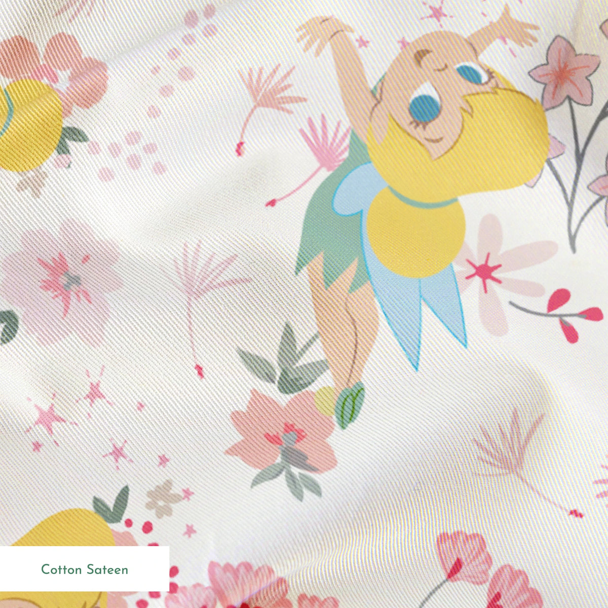 Whimsical pattern with Tinker Bell among pink flowers and green leaves on white background springs sateen texture
