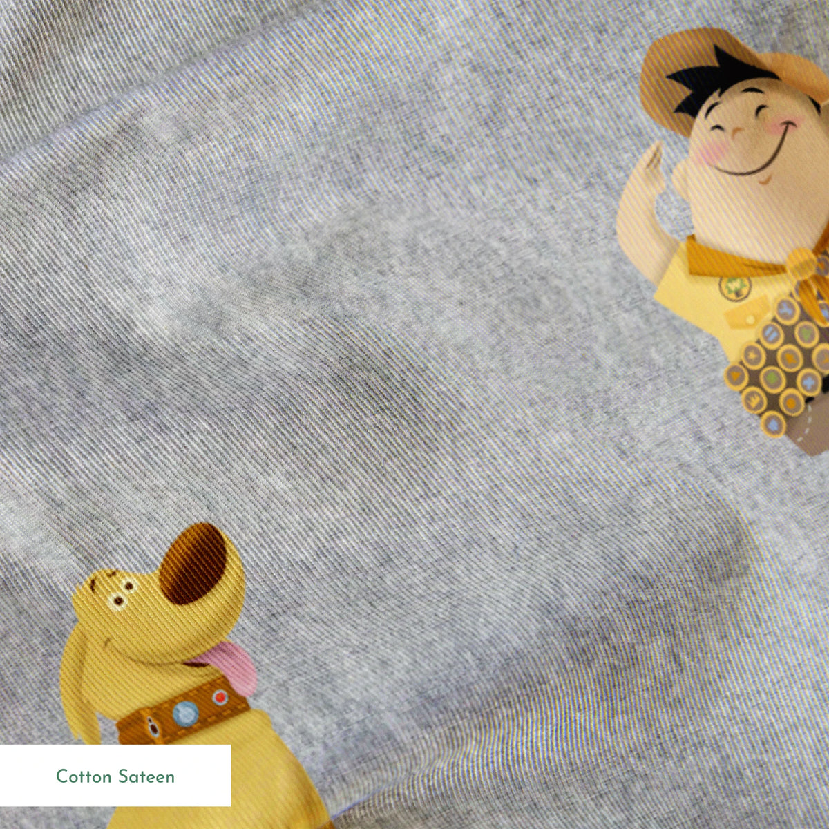Up pattern with wilderness explorer characters, yellow birds, and colorful details on gray background springs sateen texture