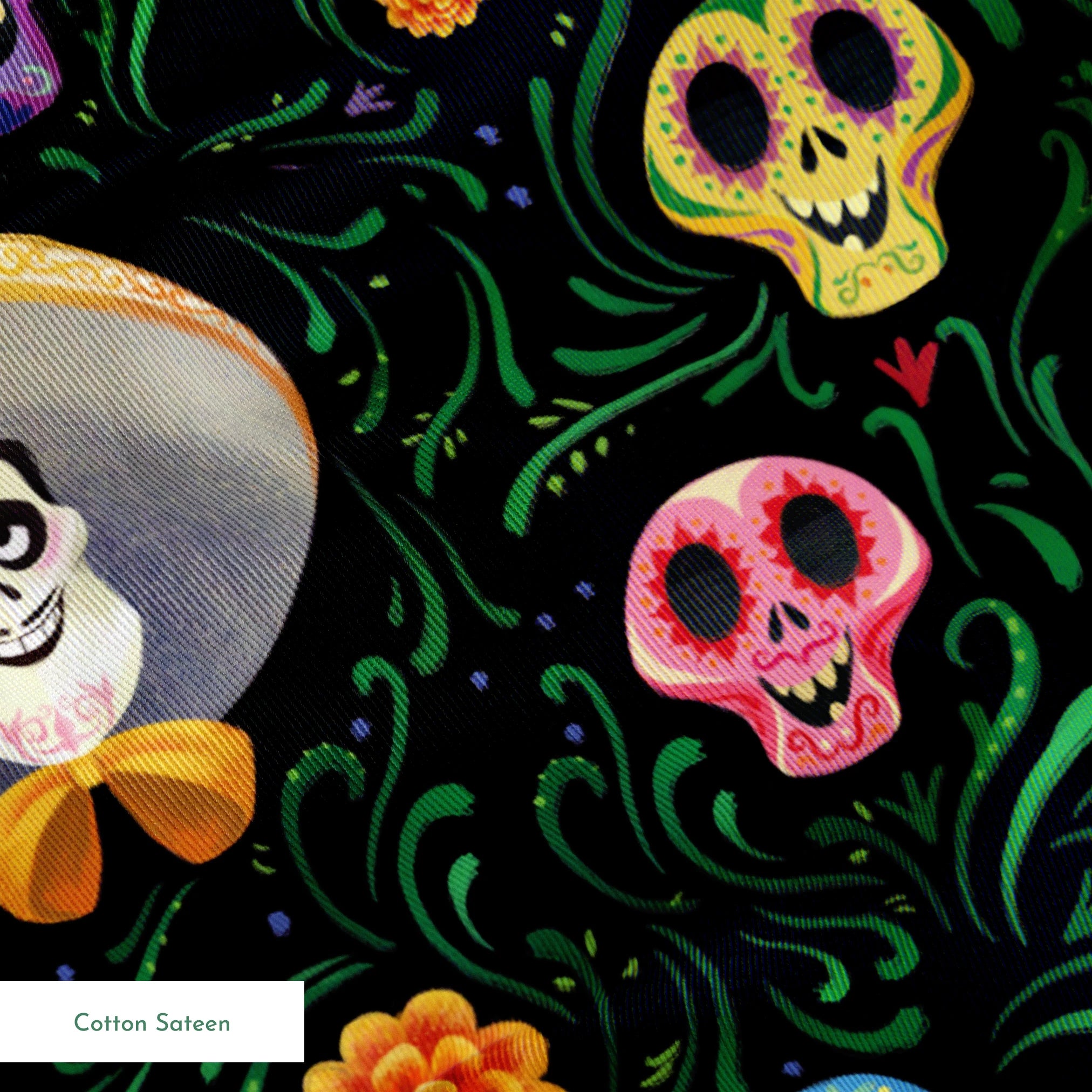 Colorful Coco stylized sugar skulls with sombreros scattered among green vines and orange flowers on black background springs sateen texture