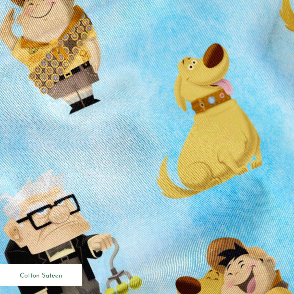 Colorful Up-inspired pattern with cartoon characters including elderly man, explorer, golden dog, and tropical bird on light blue background springs sateen texture