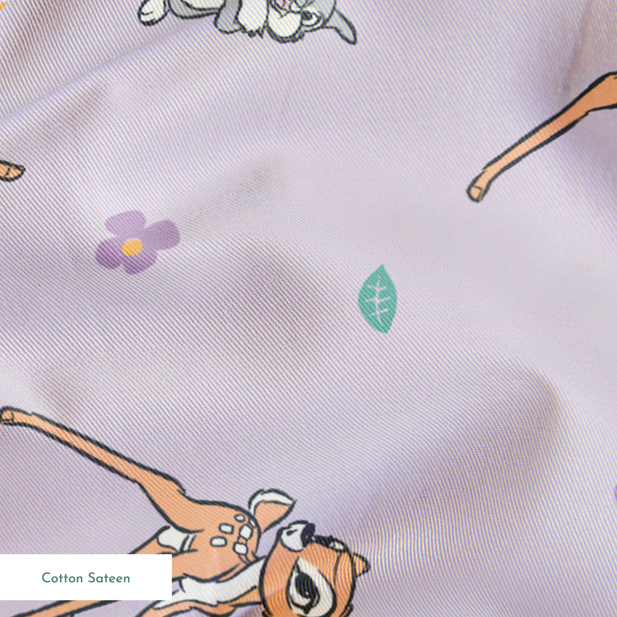 Seamless pattern of cartoon deer and bunnies with daisies and small flowers on lavender background springs sateen texture