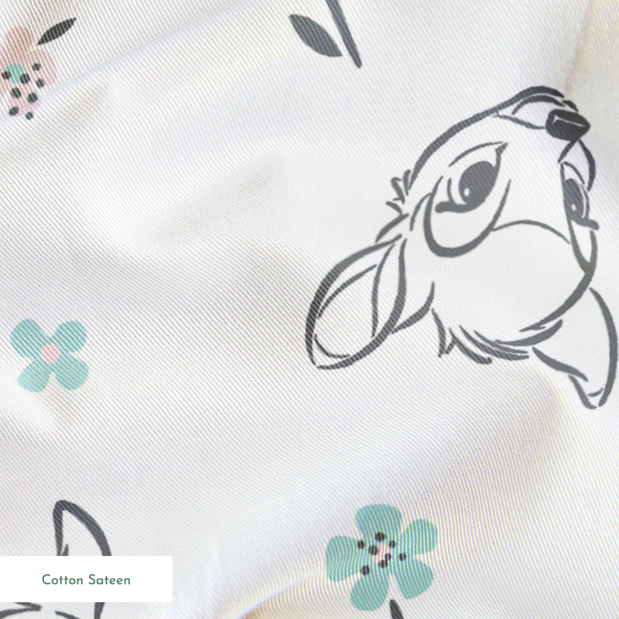 Sketch-style animals from Disney Bambi with pastel flowers on a white background. springs sateen texture