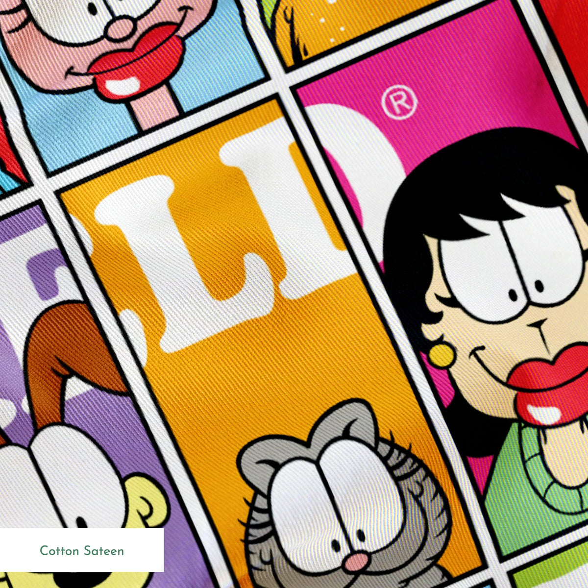 Colorful comic grid pattern with Garfield characters and letters arranged in repeating squares springs sateen texture