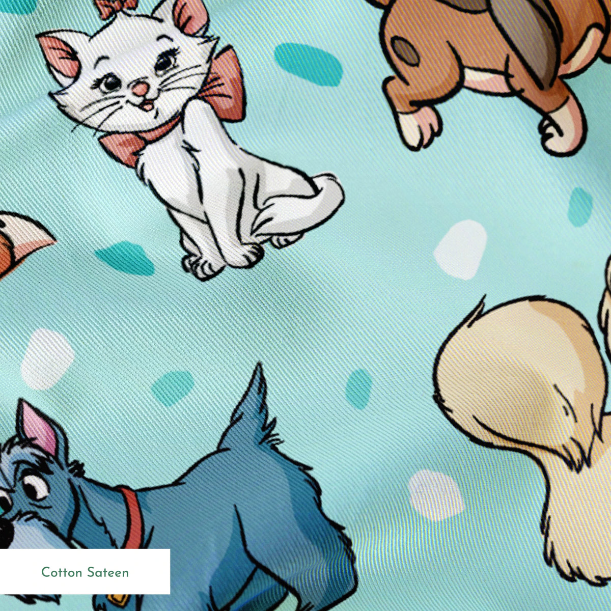 Cartoon-style Disney dogs and cats on a light blue background with scattered spots. springs sateen texture