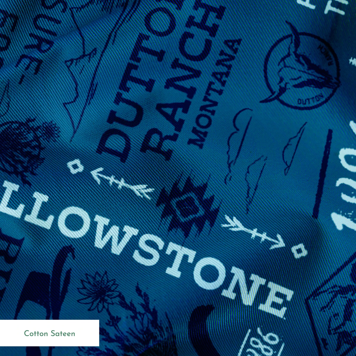 Paramount Yellowstone Verbiage Collage on Blue Fabric