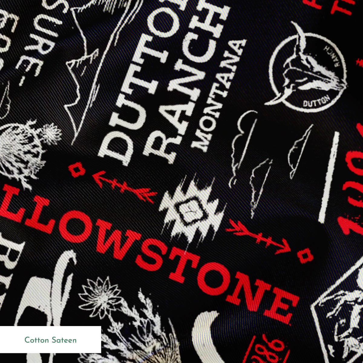 Paramount Yellowstone Verbiage Collage on Black Fabric