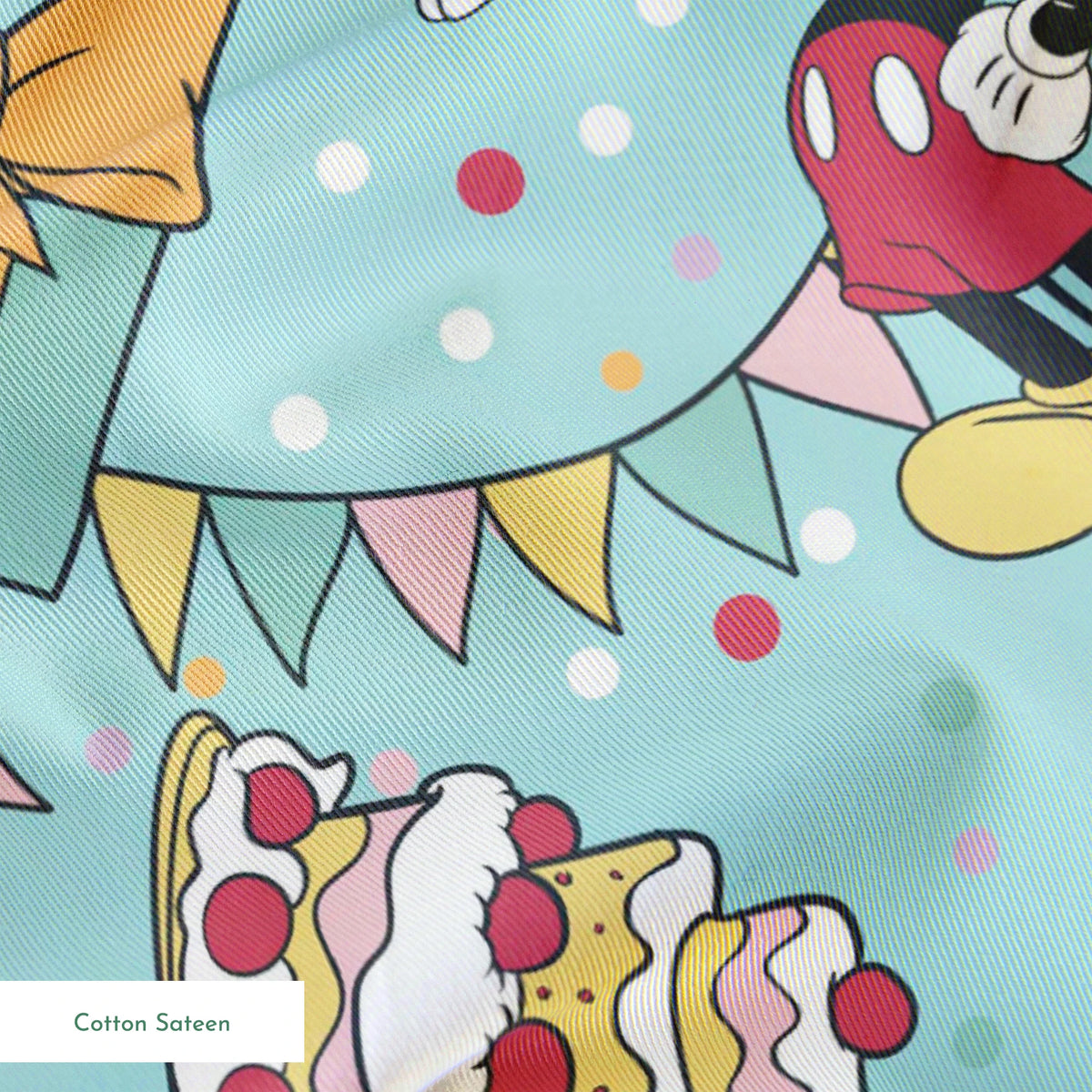 Mickey Mouse celebrating with cakes, presents, and colorful party decorations on light blue background.