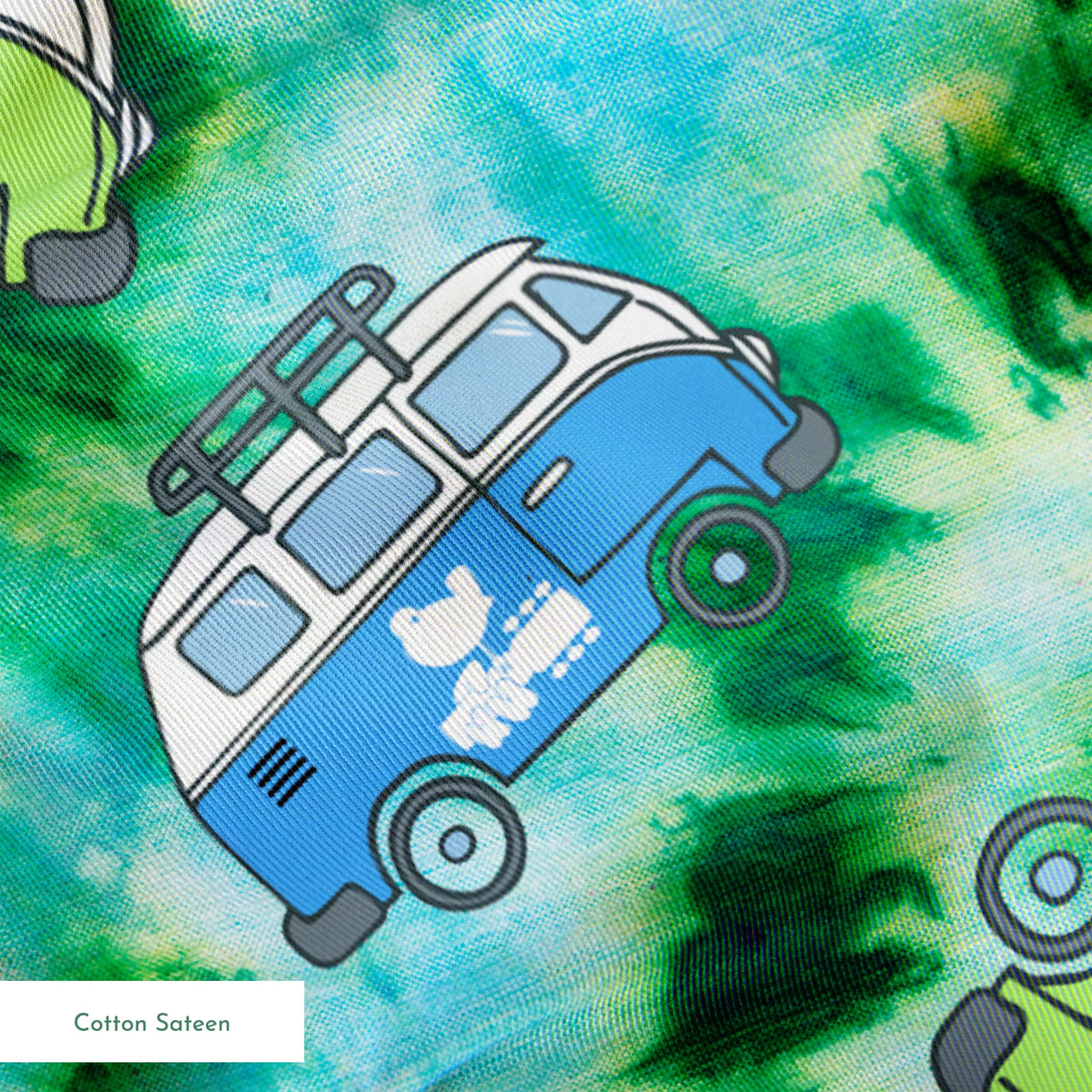Woodstock Tie-dye Van on Green Fabric