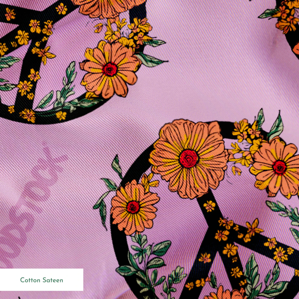 Woodstock Floral Peace Signs on Lavender Fabric