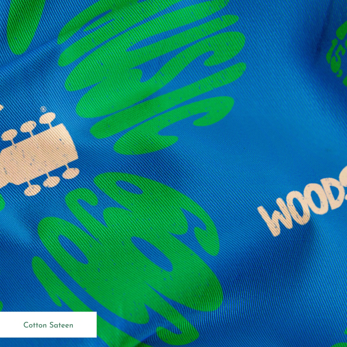 Woodstock Peace, Love, Music Florals on Blue Fabric