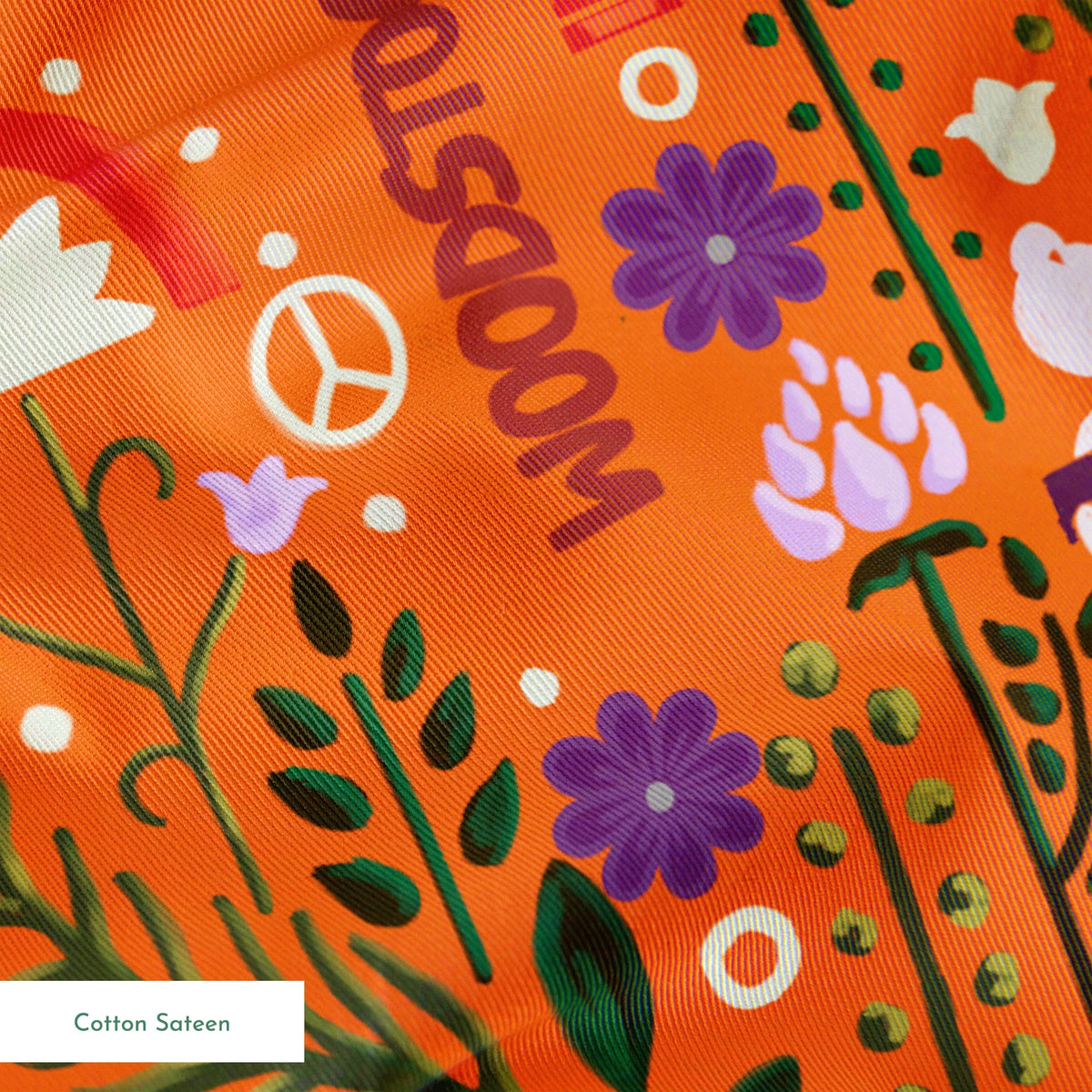 Woodstock Retro Greenery on Orange Fabric