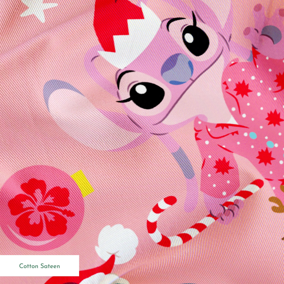 Disney's Stitch in Christmas outfits with trees and decorations on pink background