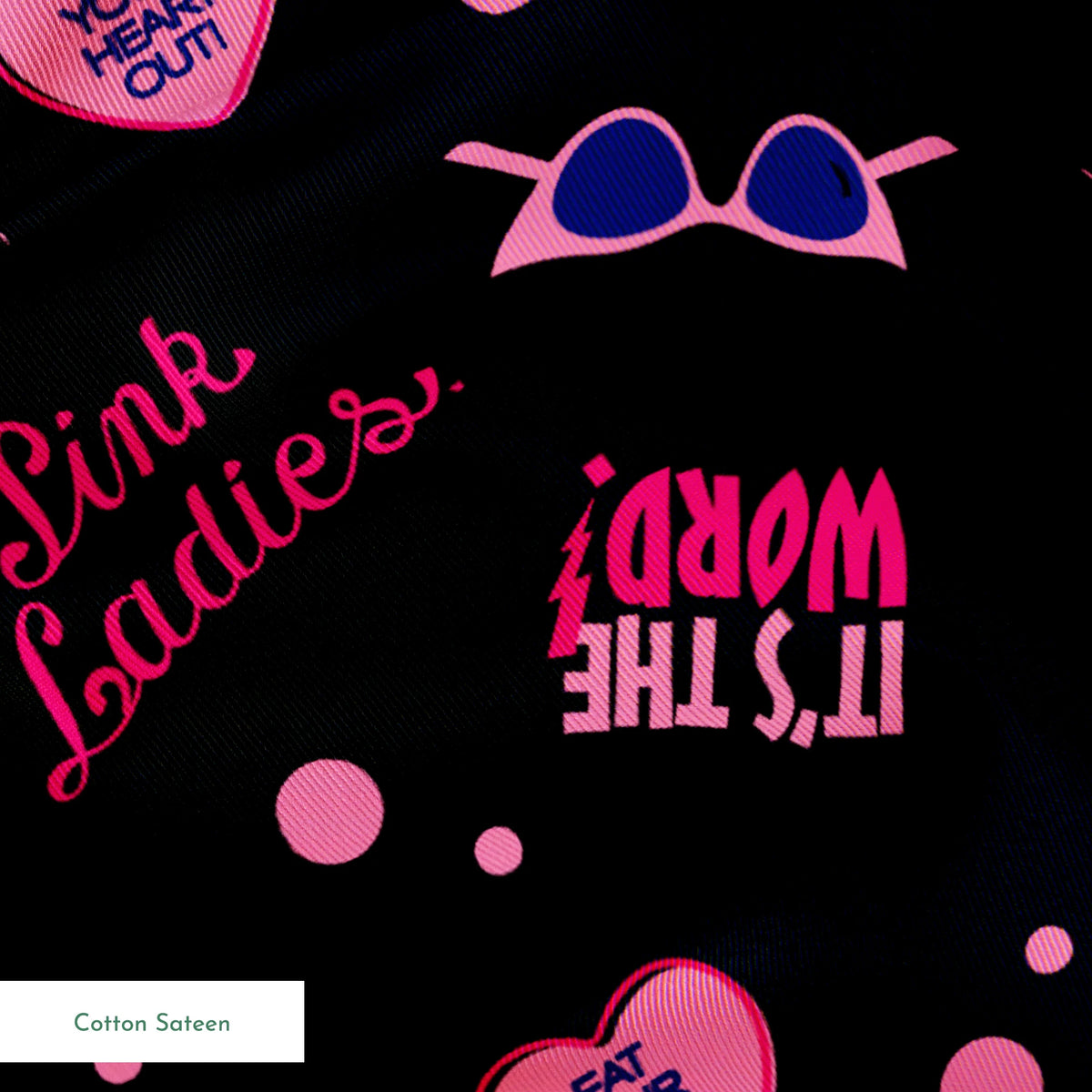 Paramount Grease Retro Pink Ladies Icons on Black Fabric