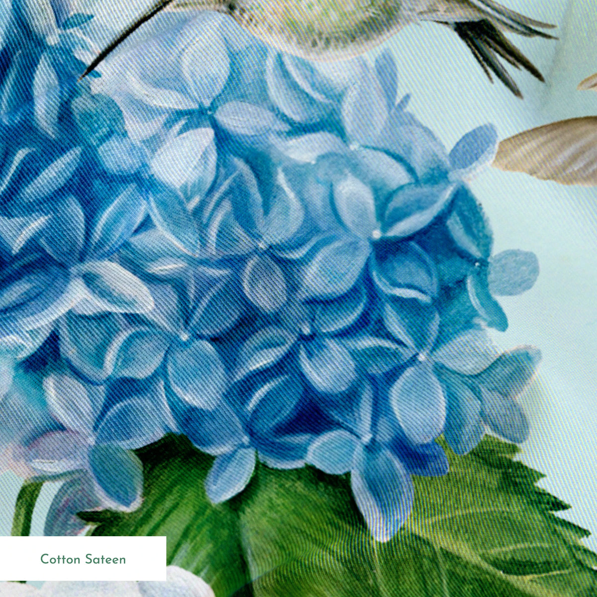 Danielle Murray Hydrangeas and Hummingbirds on Blue Fabric