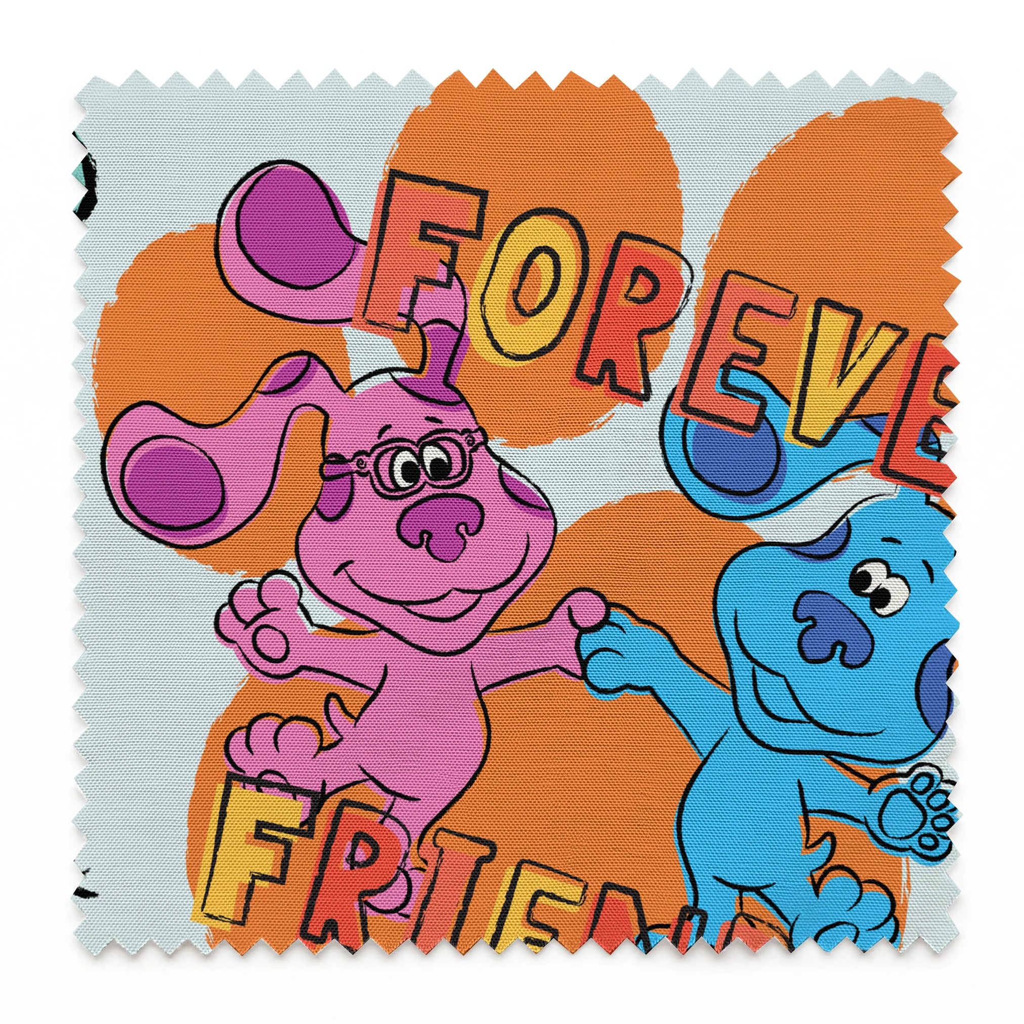 Colorful cartoon pattern with blue and pink characters, "FOREVER FRIENDS" text, and small playful icons on a light background springs swatch pinked