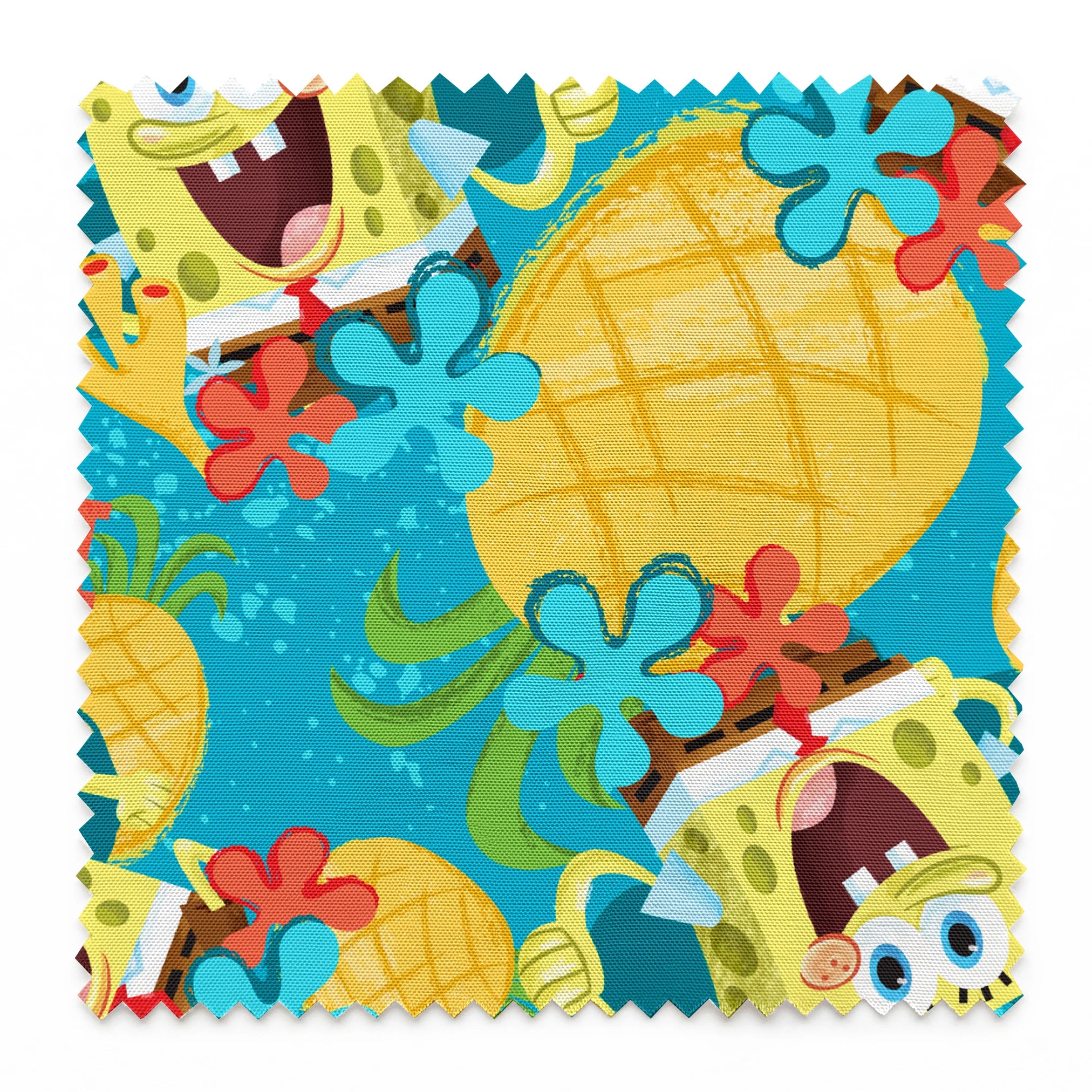 SpongeBob SquarePants pattern with pineapples and flowers on teal background springs swatch pinked