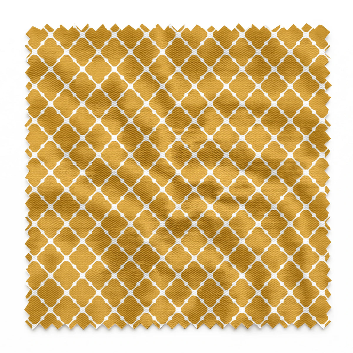 Gold quatrefoil pattern on white background, forming a geometric Moroccan-style lattice design springs swatch pinked