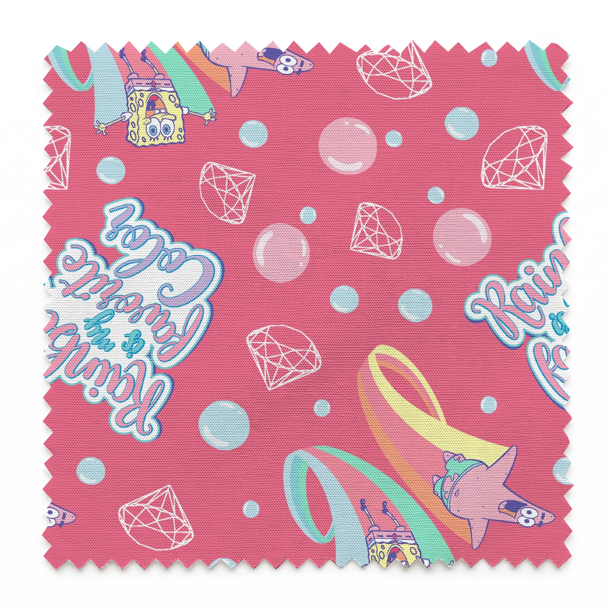 Patrick Star floats among pastel rainbows, bubbles, and gems on a pink background with the phrase “Rainbow is my favorite color” in a SpongeBob design springs swatch pinked