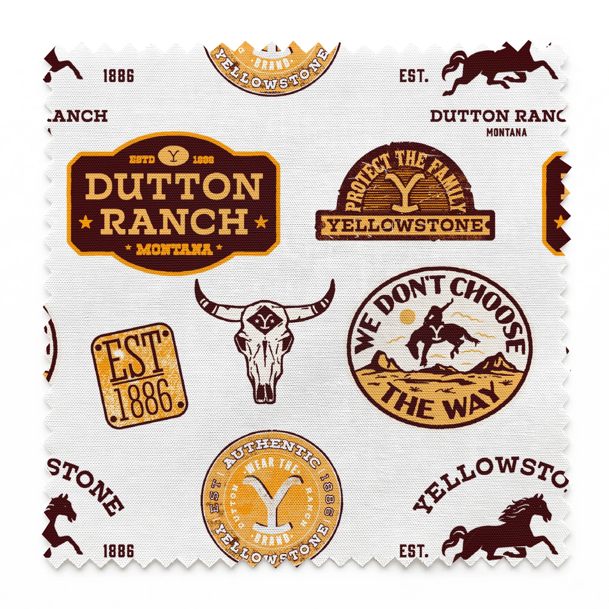 Western patch-style design featuring Dutton Ranch and Yellowstone badges in rustic tones. Great for quilting, crafts, and cowboy-inspired decor. springs swatch pinked