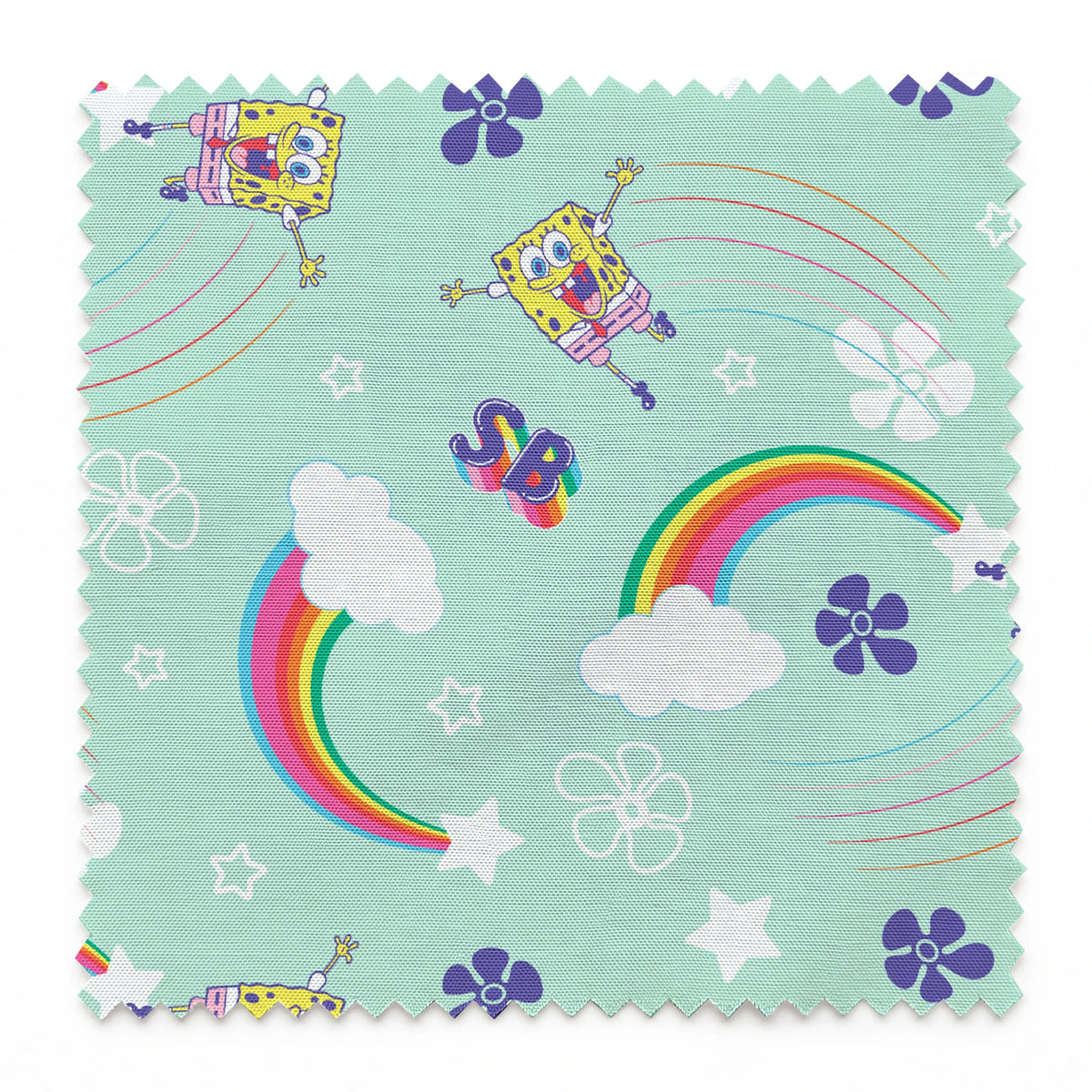 SpongeBob flying over rainbows with clouds, stars, and floral icons on a mint green background in a cheerful cartoon-style Nickelodeon design springs swatch pinked