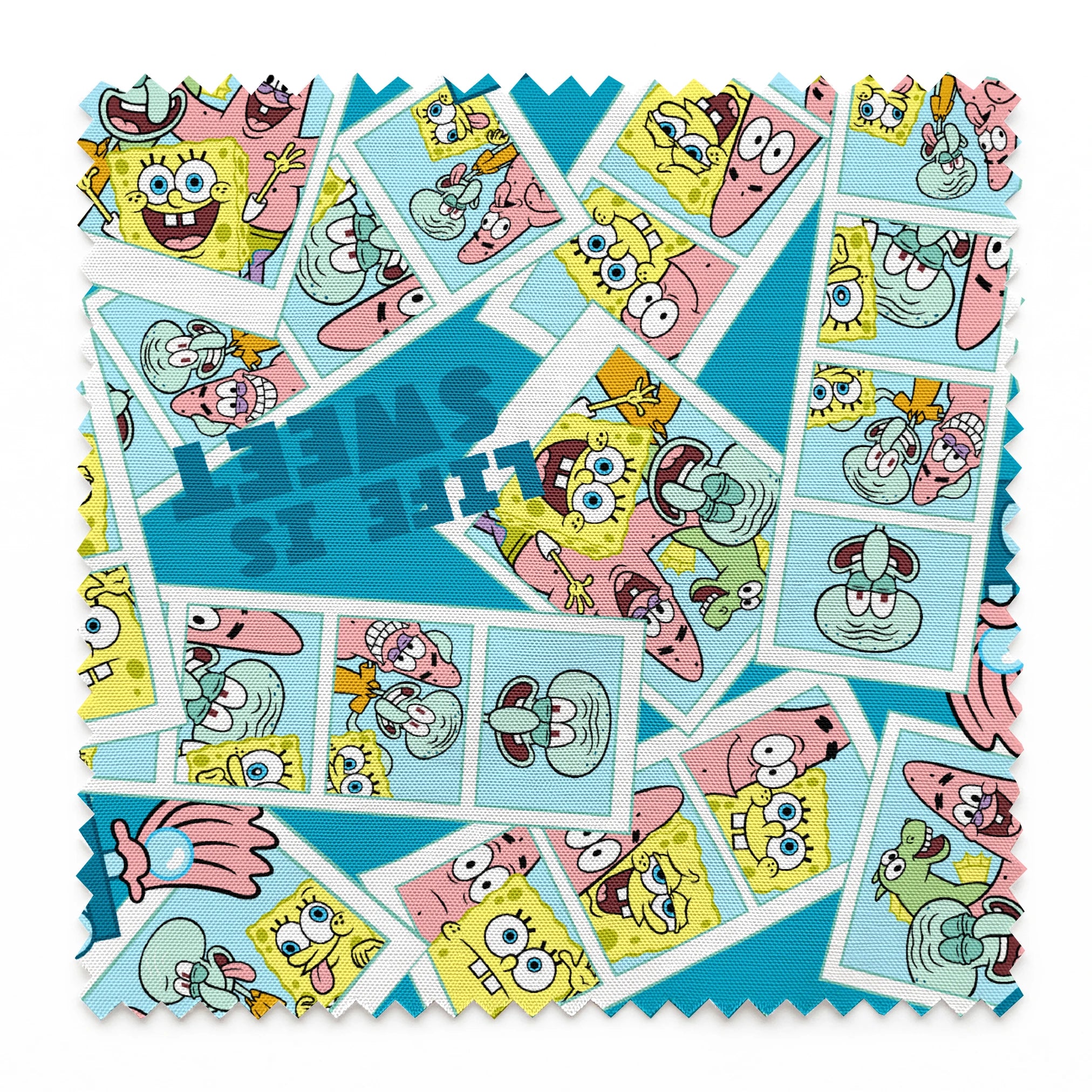 Photobooth-style SpongeBob SquarePants design featuring cartoon snapshots of SpongeBob, Patrick, and Squidward with “Life is Sweet” text on a blue background. springs swatch pinked