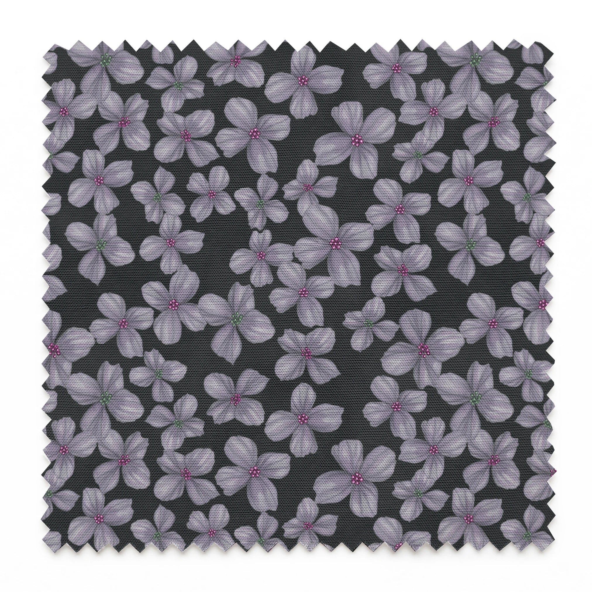 Hand-drawn purple flowers scattered on a charcoal background, designed by Nicole Tamarin. springs swatch pinked