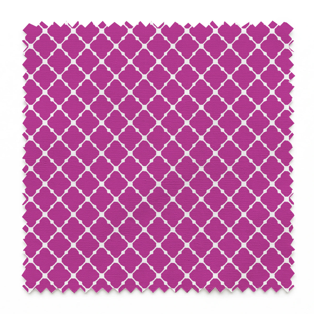 Magenta quatrefoil pattern with white lattice outline springs swatch pinked