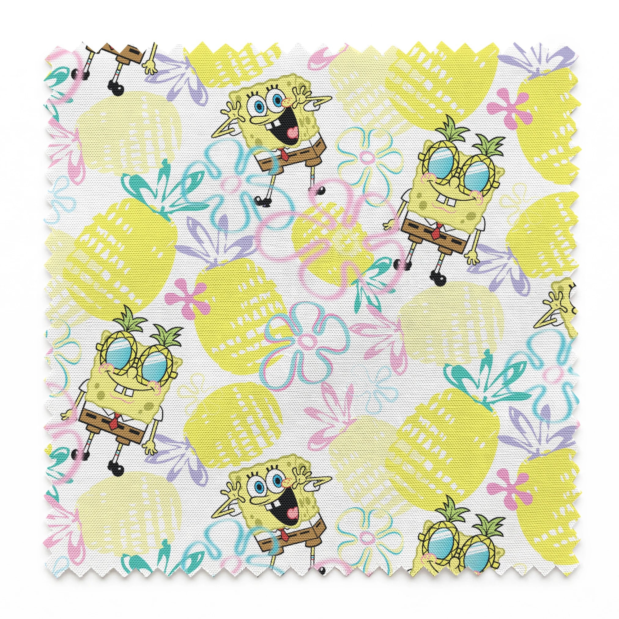 SpongeBob wearing pineapple glasses surrounded by yellow pineapples and pastel floral sketches on a white background in a playful Nickelodeon design. springs swatch pinked