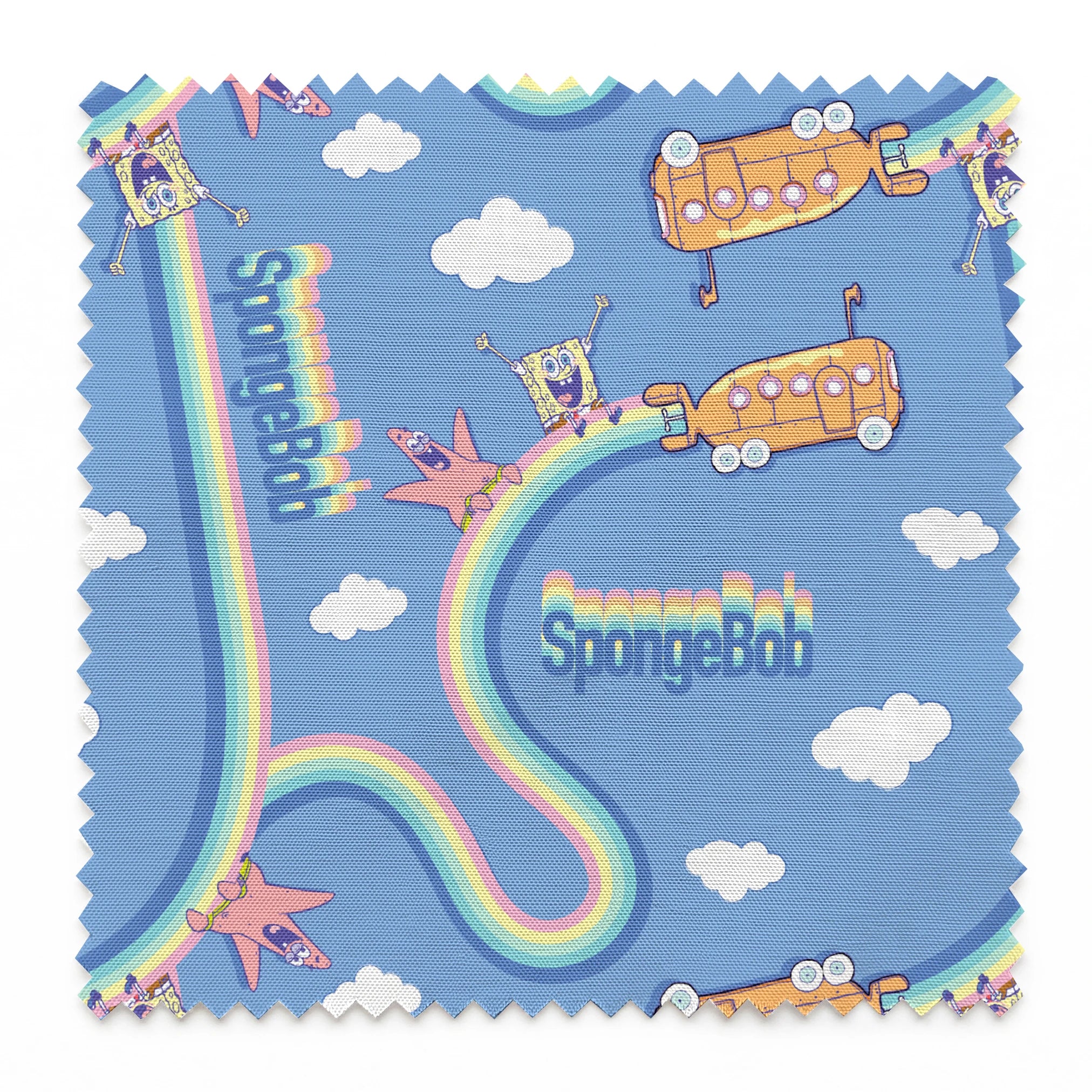 SpongeBob pattern with cartoon characters, buses, rainbows and clouds on light blue background springs swatch pinked