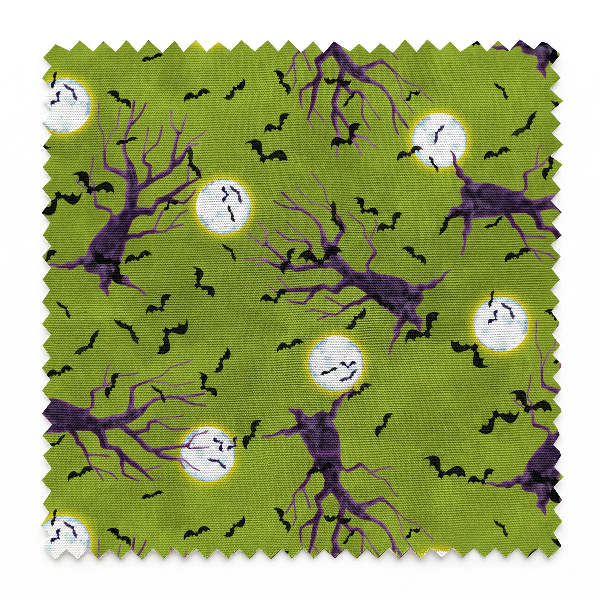 Halloween fabric design with purple haunted trees, bats, and glowing moons on a green background, illustrated by Nicole Tamarin. springs swatch pinked