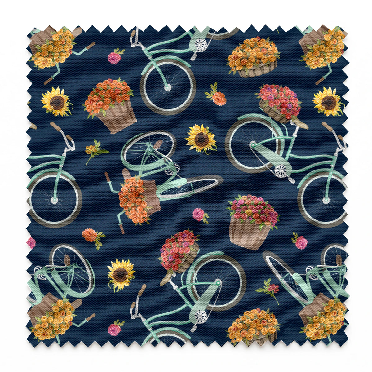 Teal vintage bikes with baskets of fall flowers on a navy background, inspired by cozy fall market scenes. springs swatch pinked