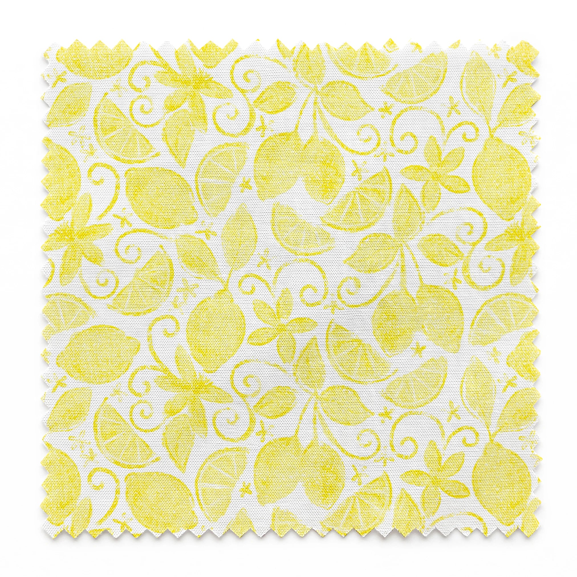 Yellow lemon pattern by Nicole Tamarin with sliced lemons, leaves, and swirls on a white background springs swatch pinked