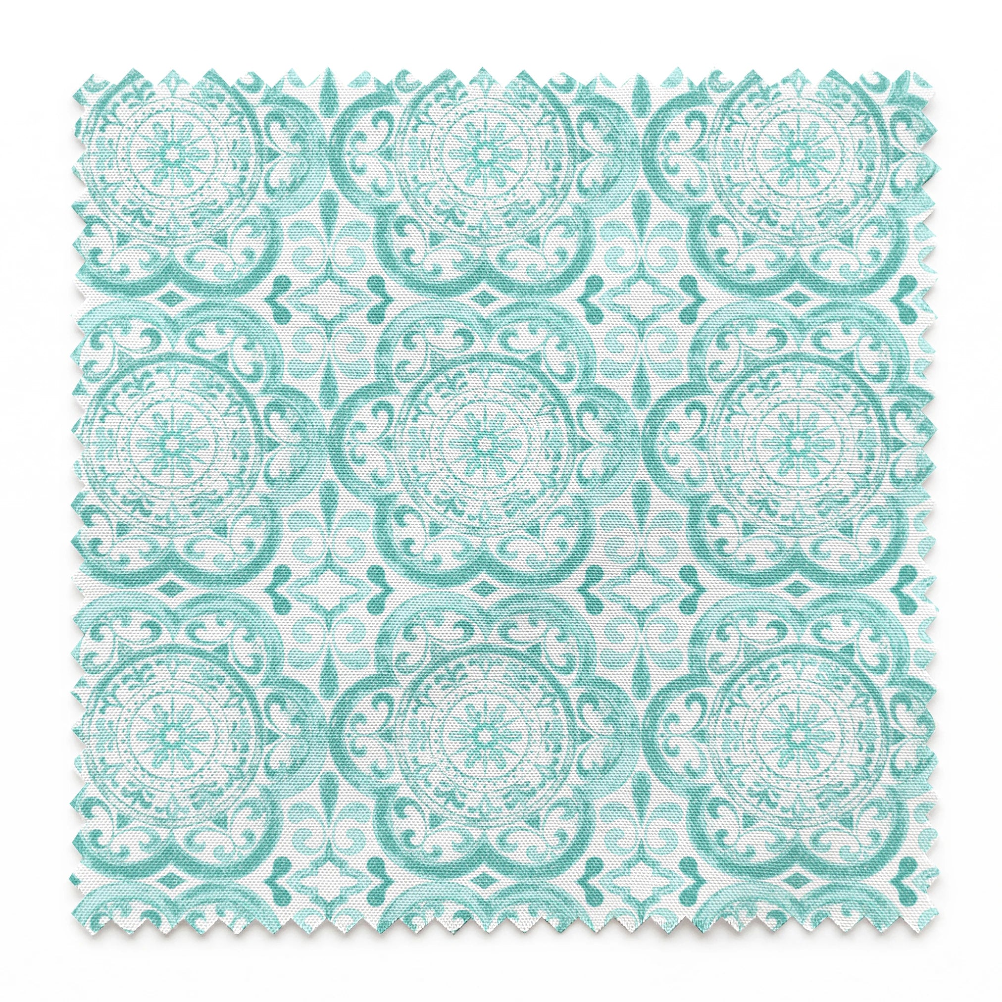 Teal medallion tile-inspired design with intricate floral and scroll details by Nicole Tamarin, from the Squeeze the Day collection. springs swatch pinked