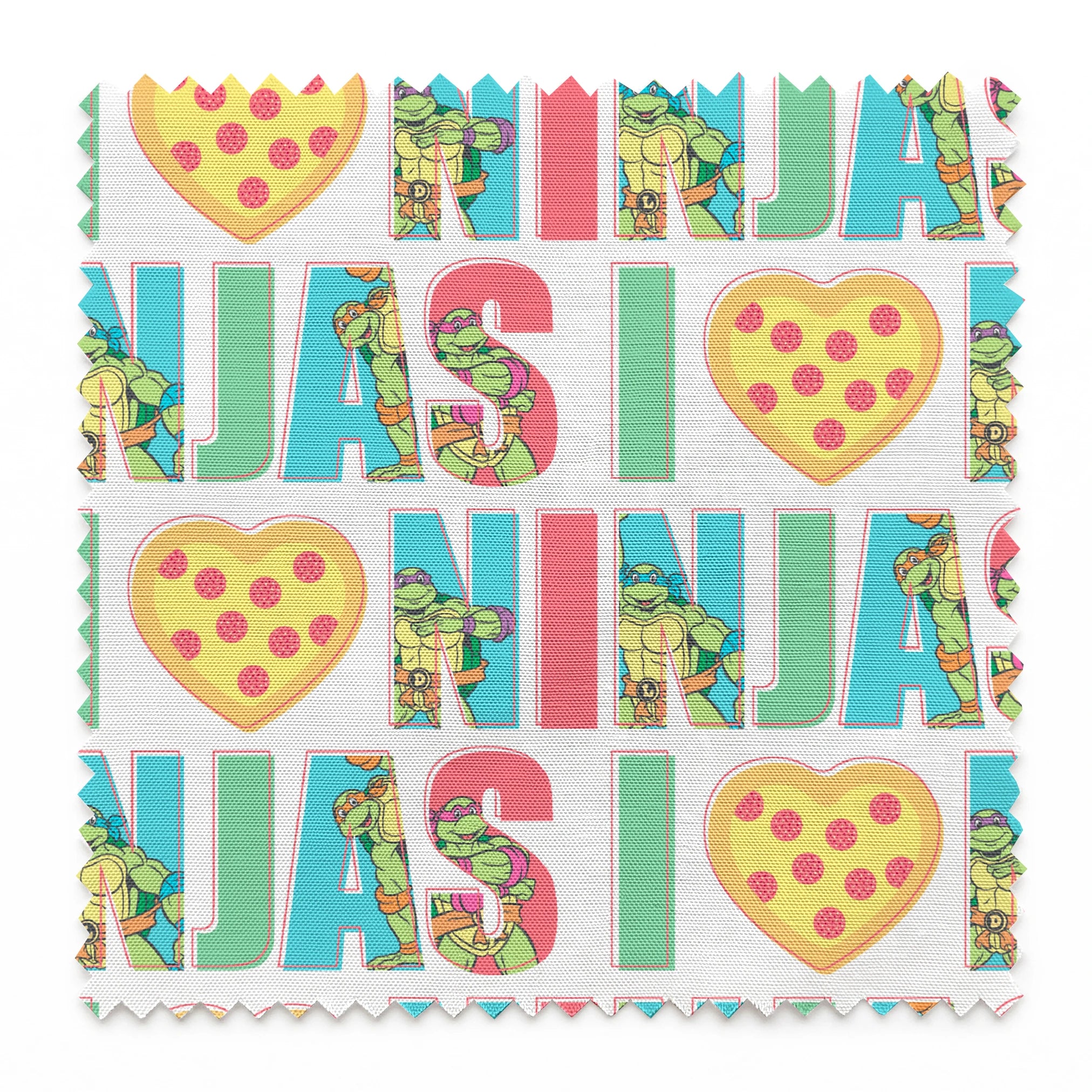 Teenage Mutant Ninja Turtles design with “I heart Ninjas” text with a pizza heart graphic, and Michelangelo and Leonardo in pastel colors. springs swatch pinked