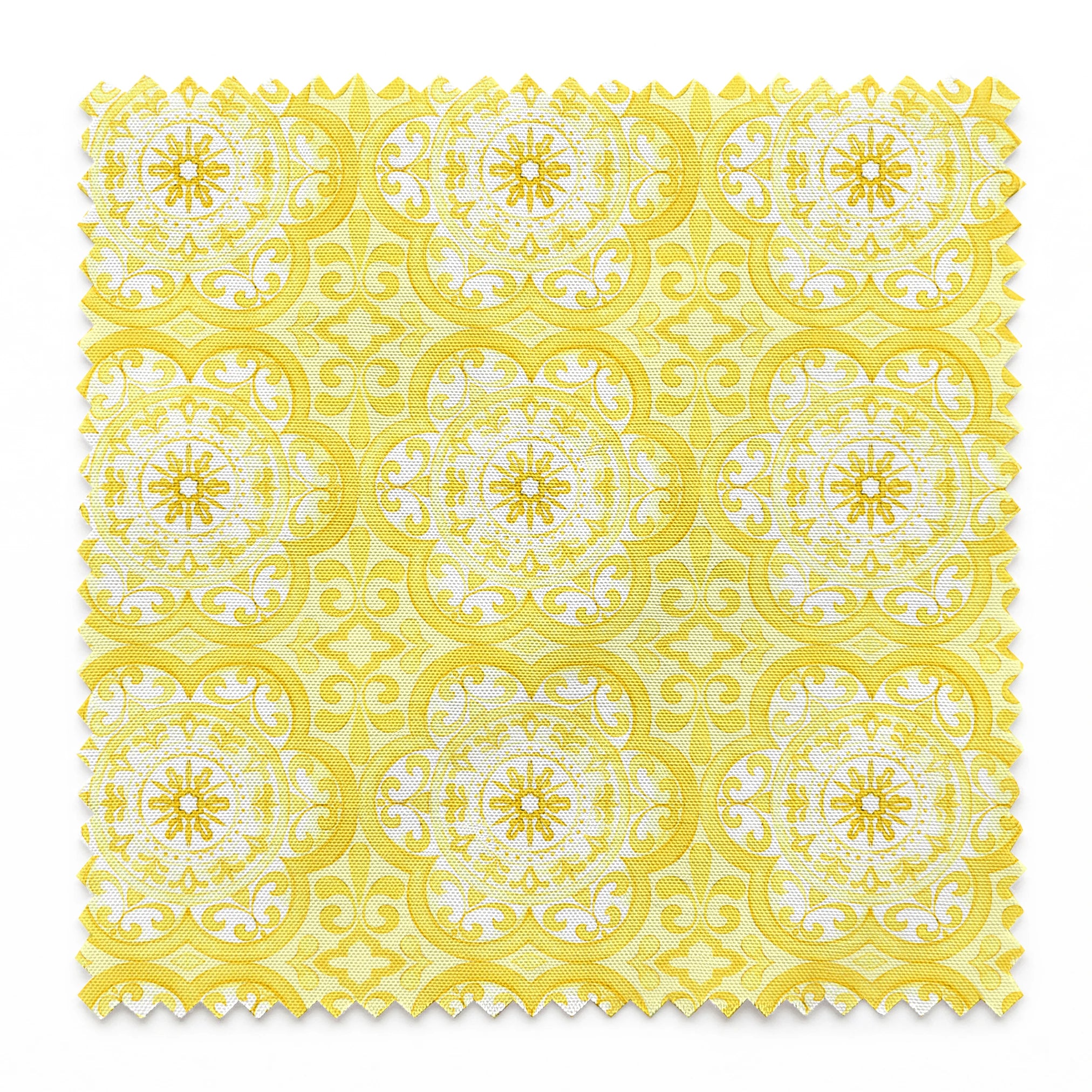 Bright yellow decorative pattern with white floral medallions in repeating ornamental design springs swatch pinked