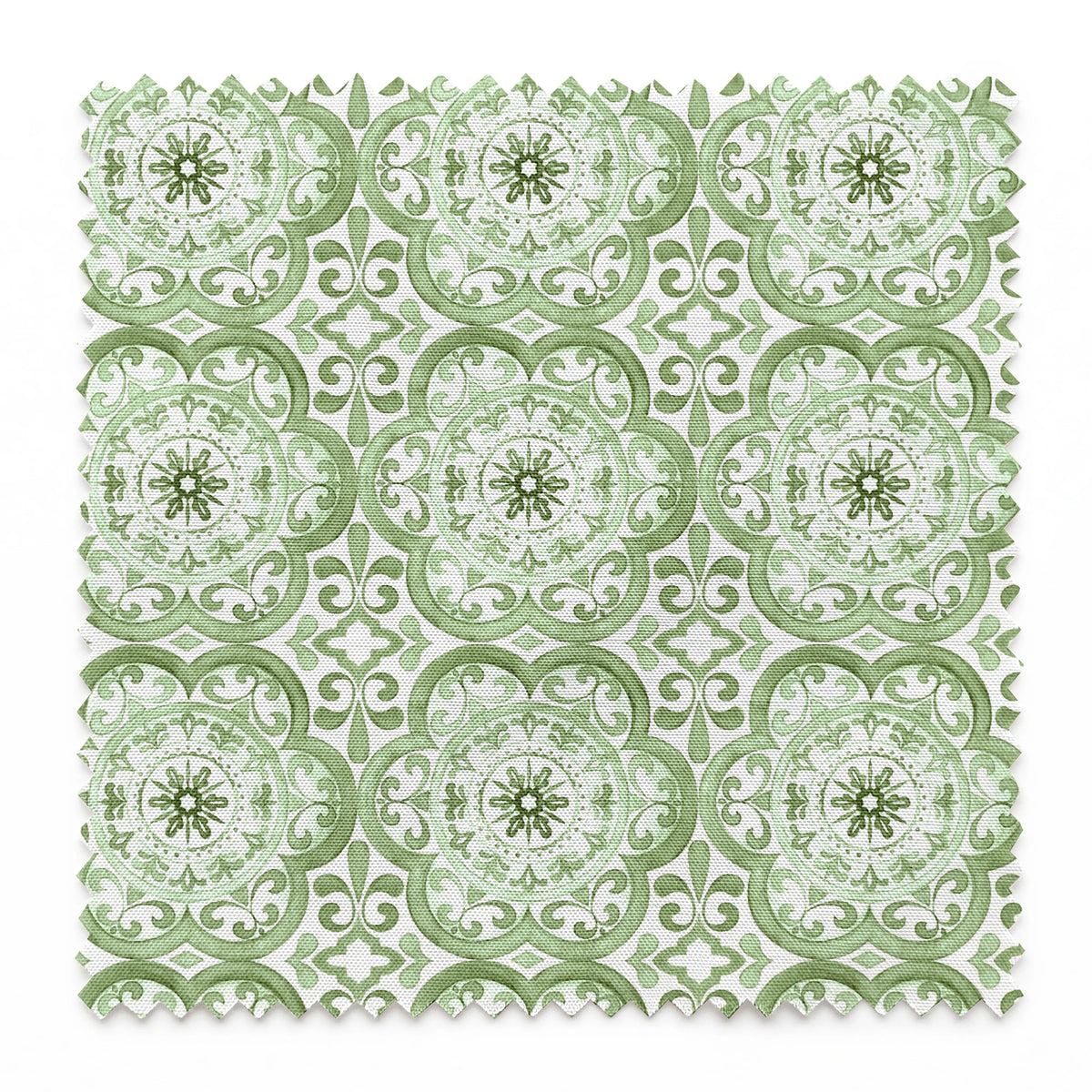 Green medallion tile-inspired pattern by Nicole Tamarin, featuring ornate floral details in a repeating square layout. springs swatch pinked