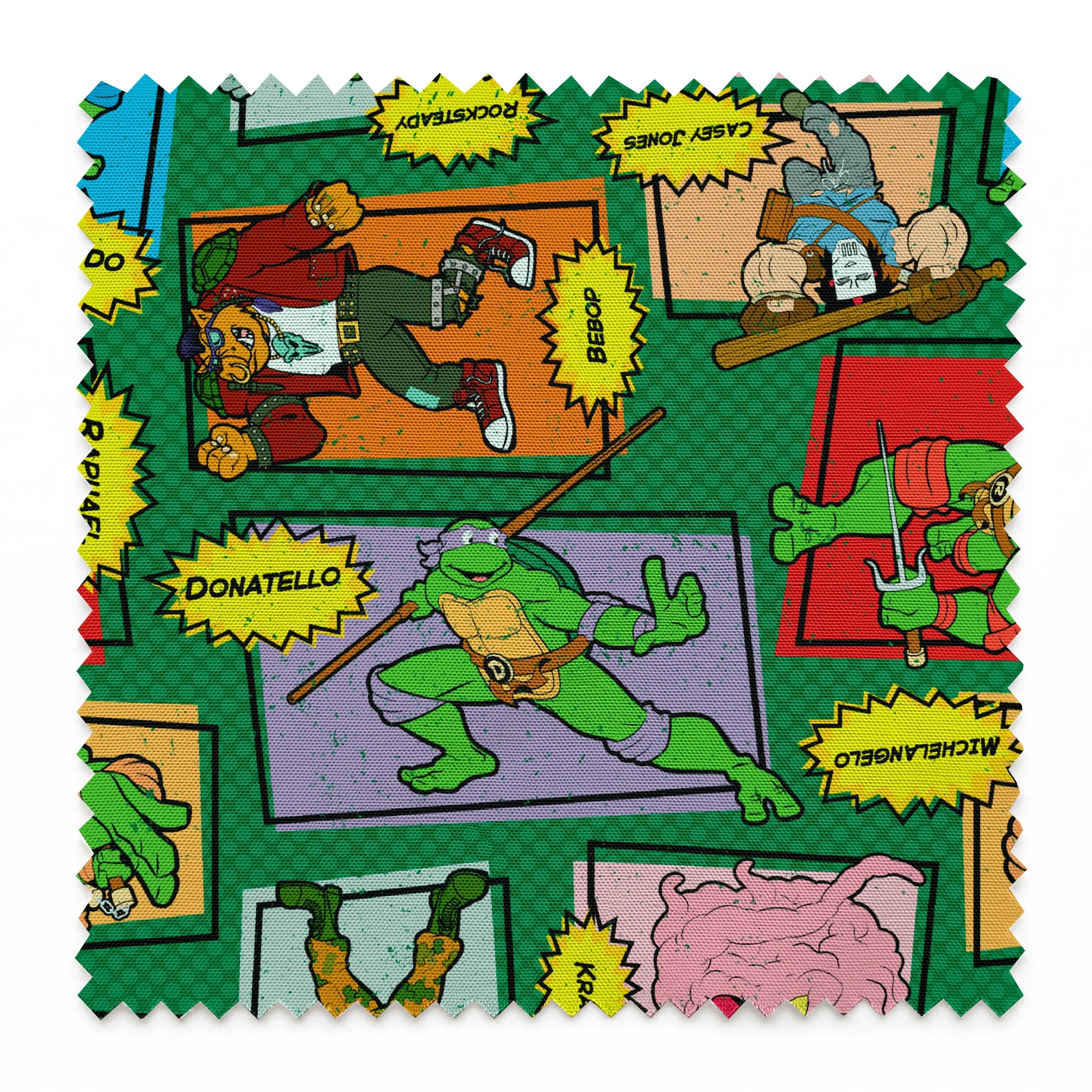 Retro Teenage Mutant Ninja Turtles comic print with turtles, villains, and action words in colorful panels. springs swatch pinked