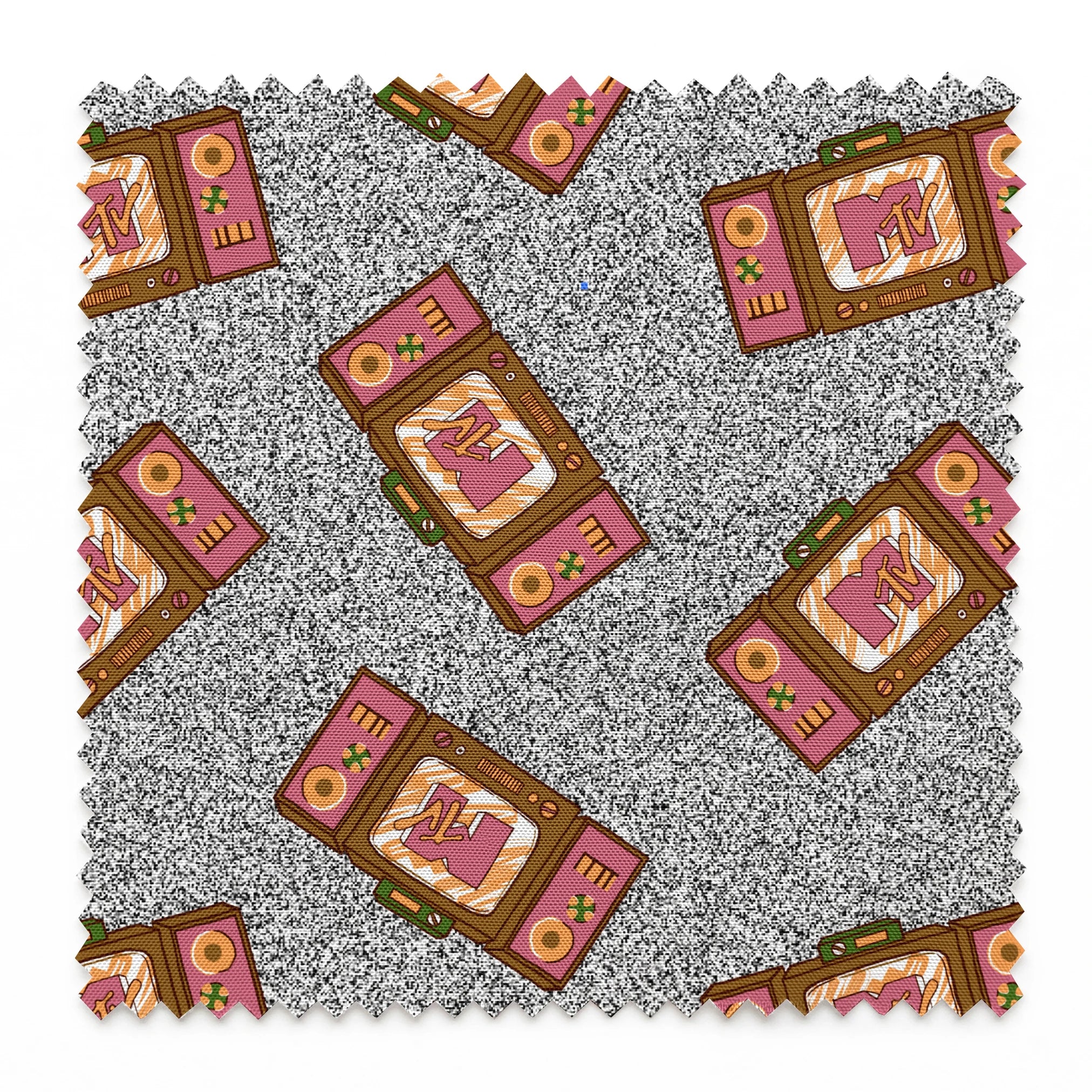 Pink and brown retro televisions with the MTV logo over a grainy gray static background in a scattered repeat. springs swatch pinked