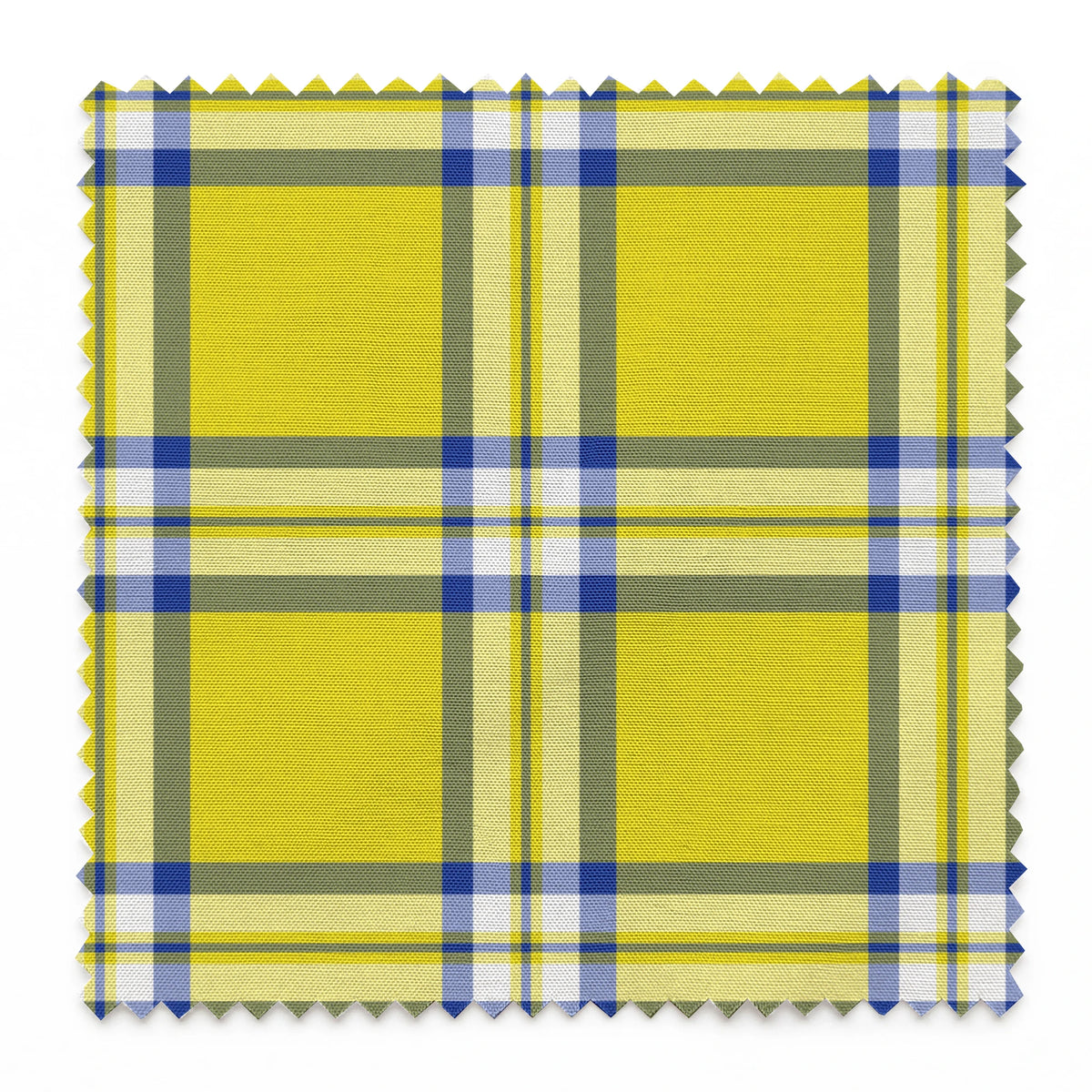 Officially licensed Clueless yellow plaid with white, olive green, and blue stripes, inspired by Cher Horowitz’s iconic outfit. springs swatch pinked