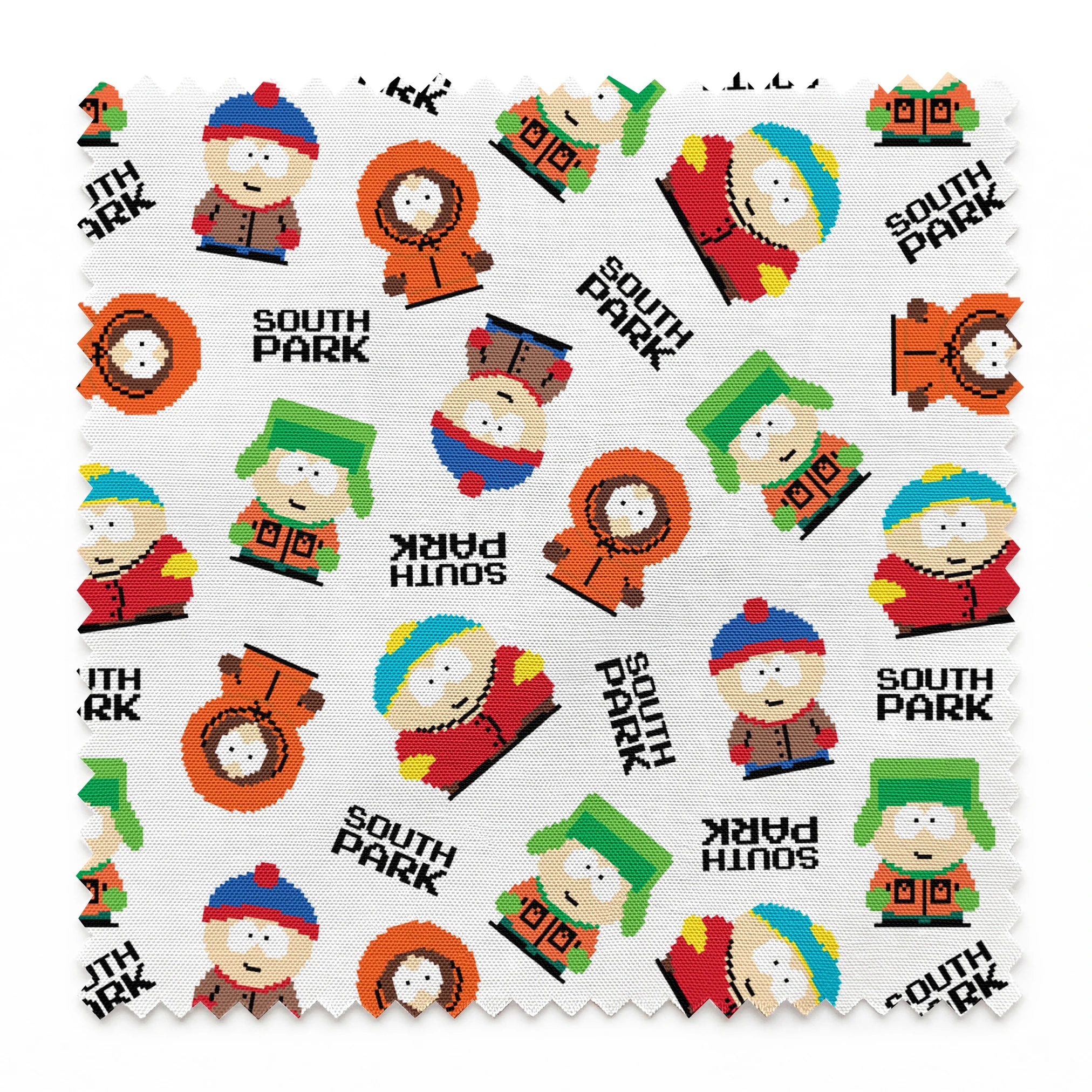Pixel art versions of Stan, Kyle, Cartman, and Kenny with the South Park logo in black, tossed on a white background in various rotations. springs swatch pinked
