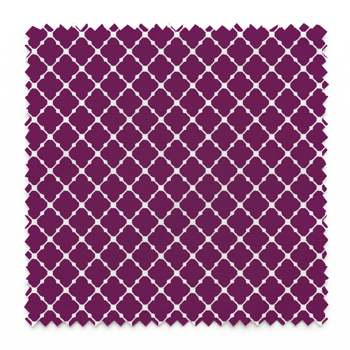 Plum quatrefoil pattern with white lattice outline on deep plum background springs swatch pinked