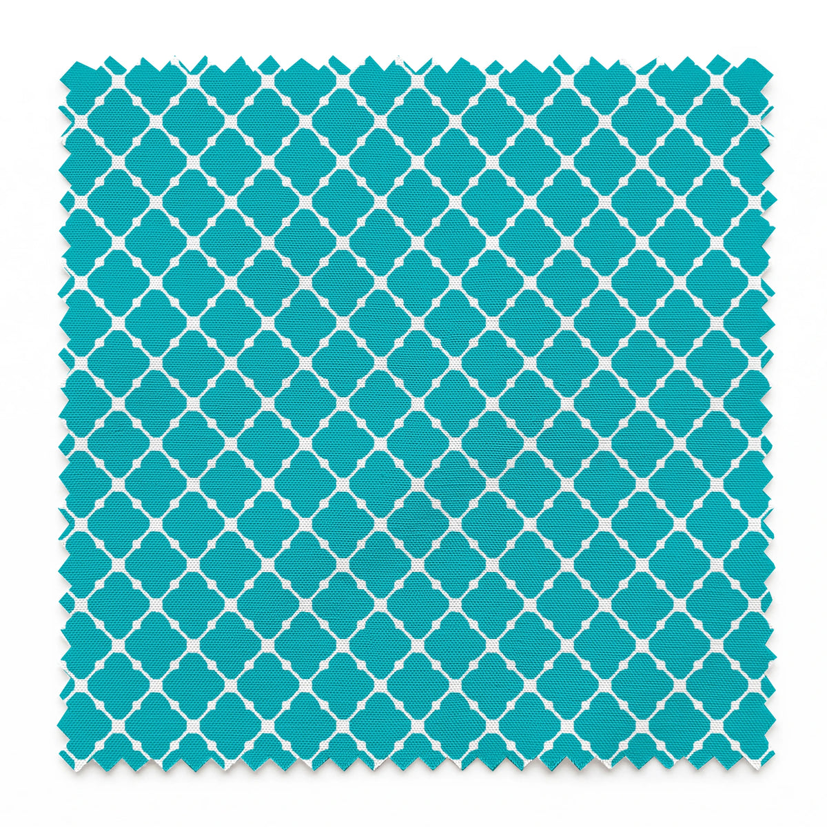 Turquoise and white quatrefoil pattern with Moroccan-inspired geometric design springs swatch pinked