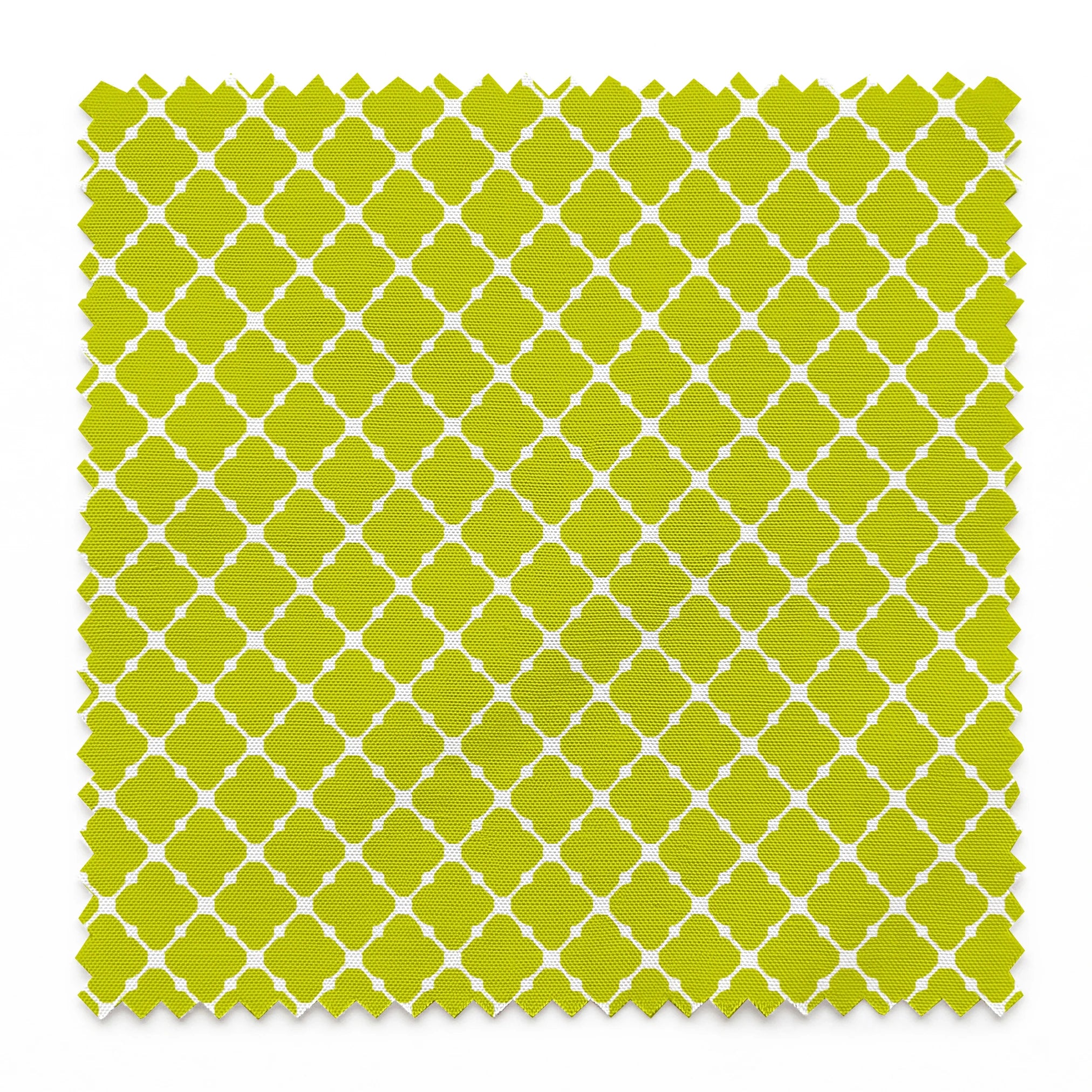 Chartreuse green quatrefoil pattern on white background, forming a geometric lattice design springs swatch pinked