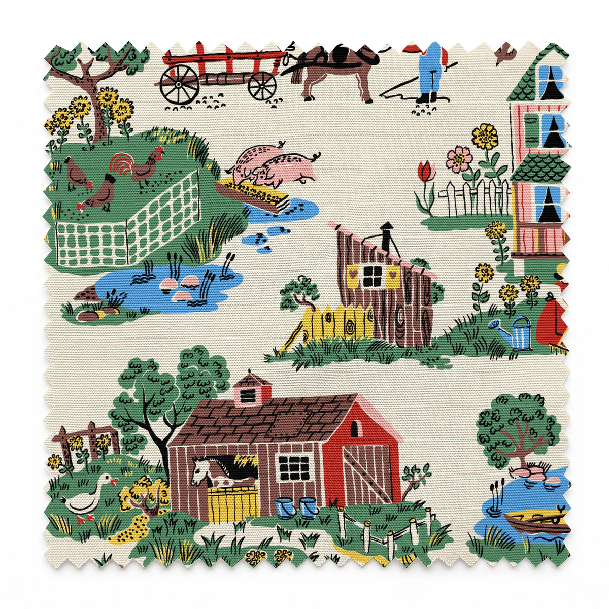 Colorful folk art illustration of country scenes with pink farmhouse, barns, and rural activities springs swatch pinked