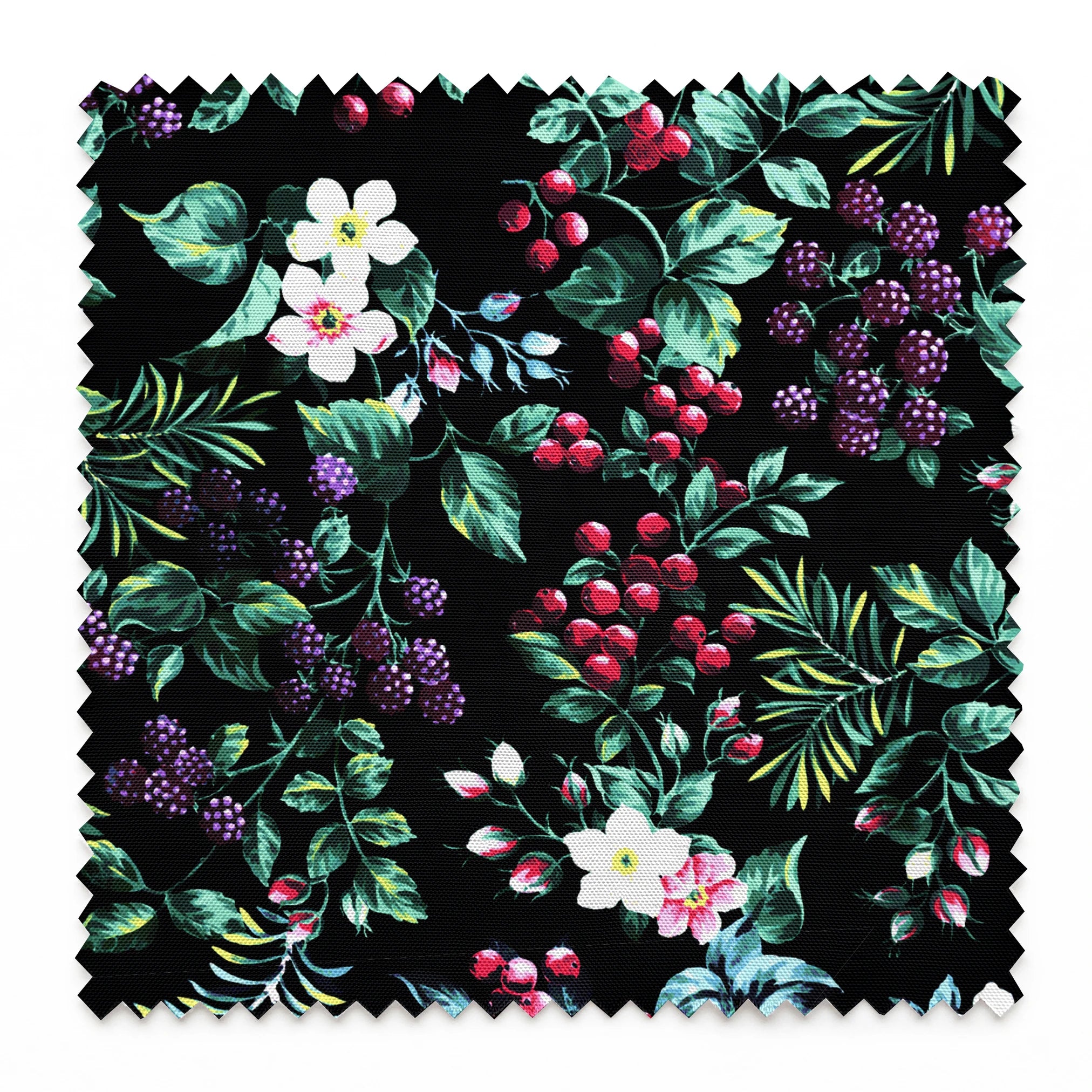 Colorful botanical pattern with white flowers, red cherries, purple blackberries, and green leaves on black background springs swatch pinked