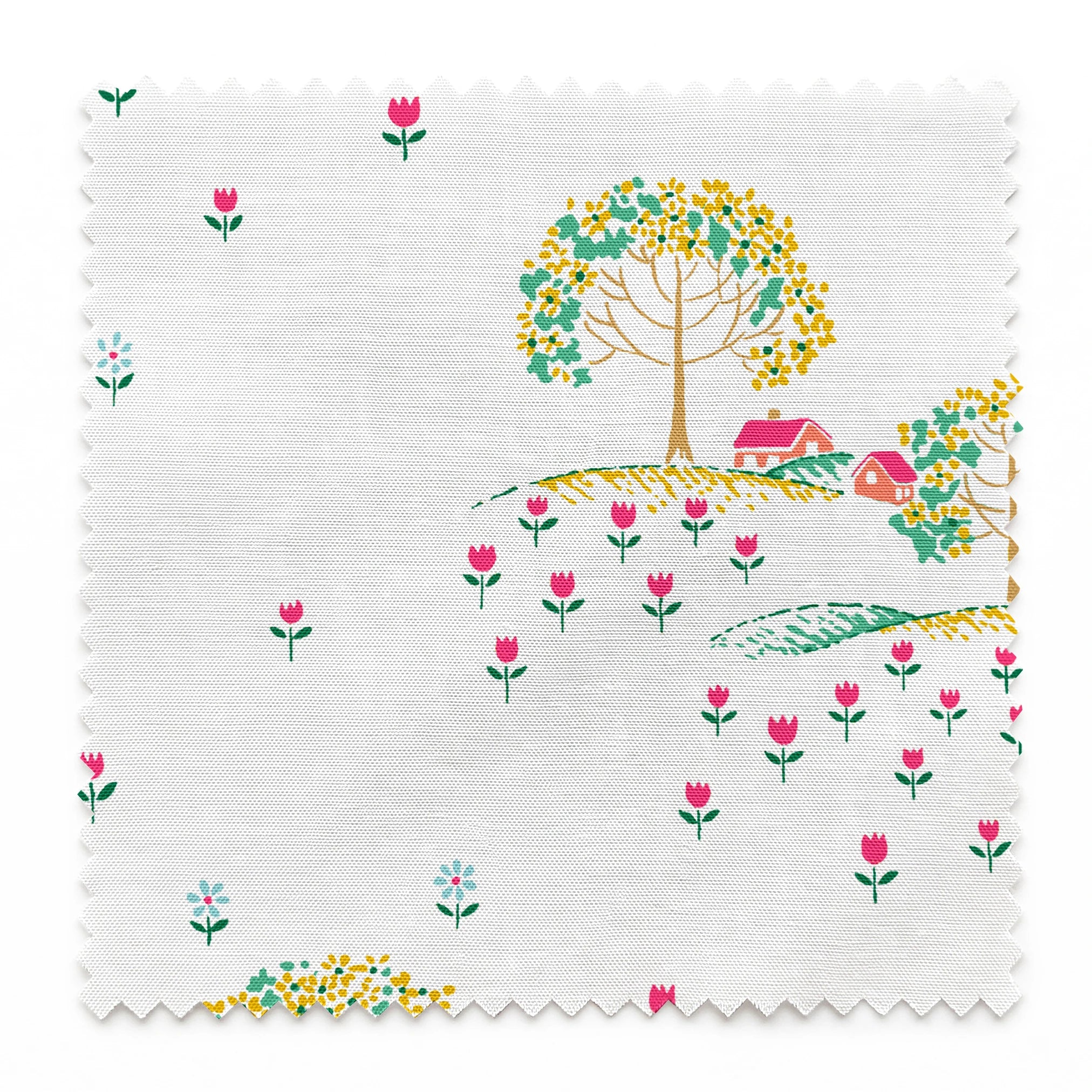 Whimsical pattern of colorful trees on small hills with scattered tiny flowers on a white background springs swatch pinked