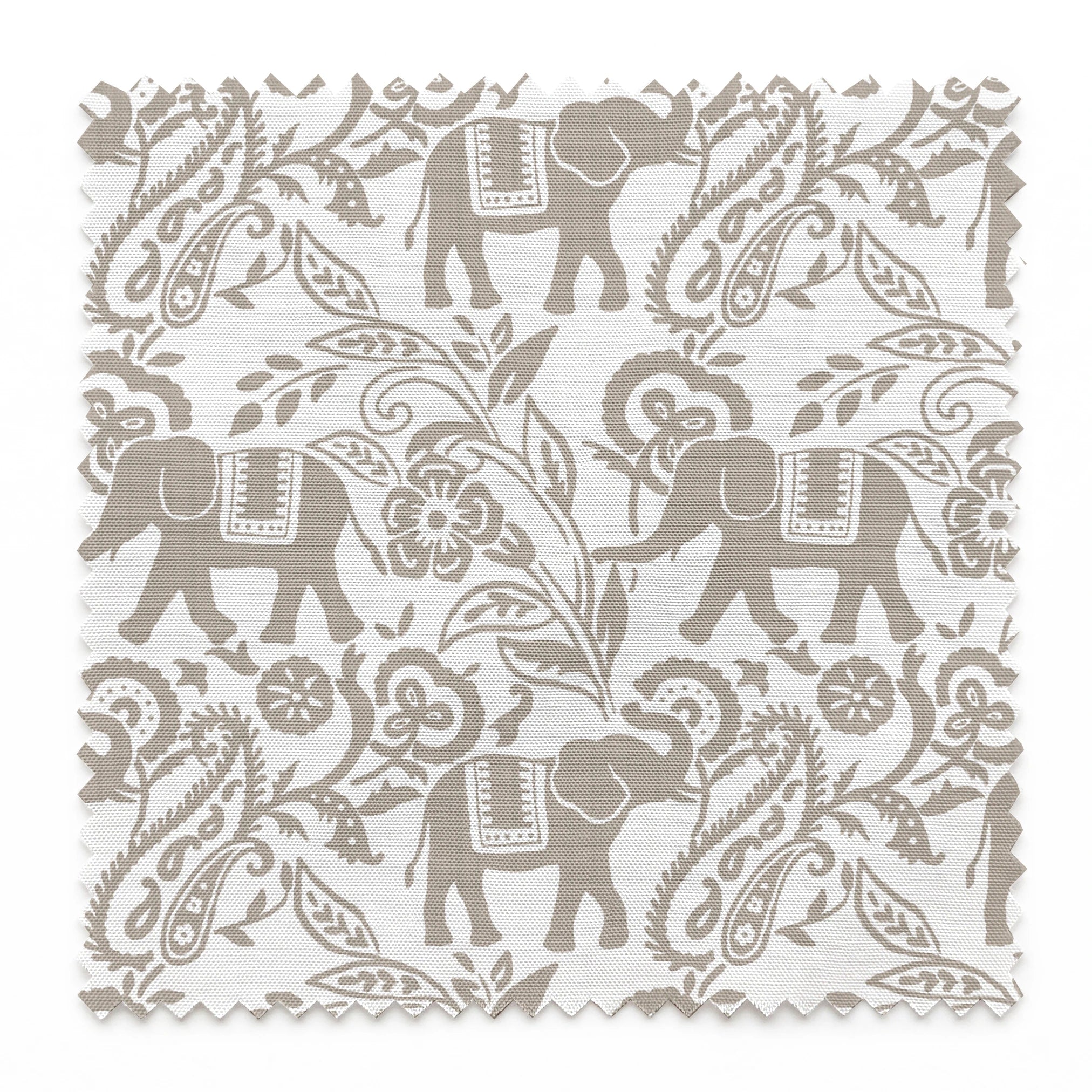Gray elephants with decorative blankets amid swirling floral and paisley patterns on white background springs swatch pinked