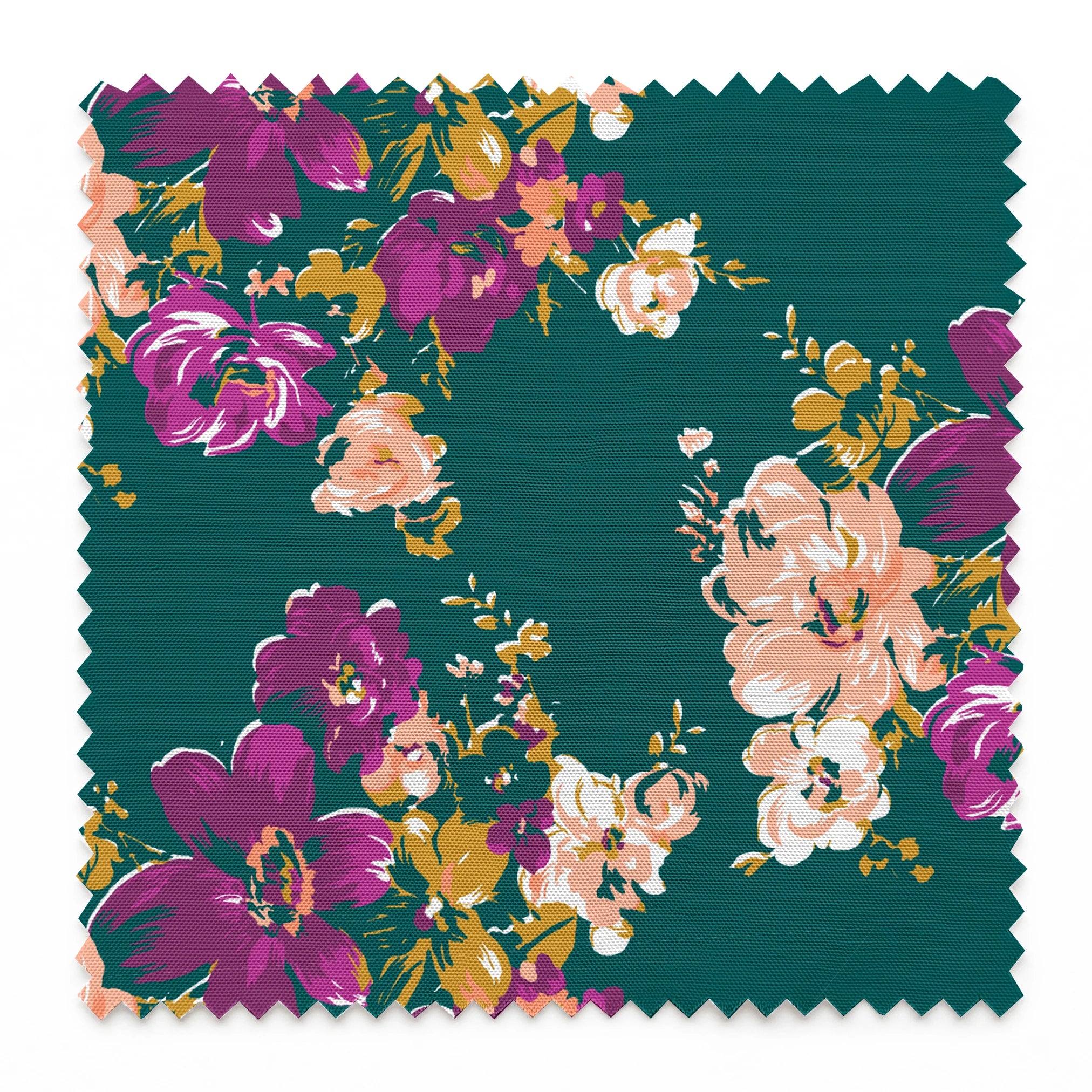 Vibrant floral pattern with purple and peach flowers on a deep teal background springs swatch pinked