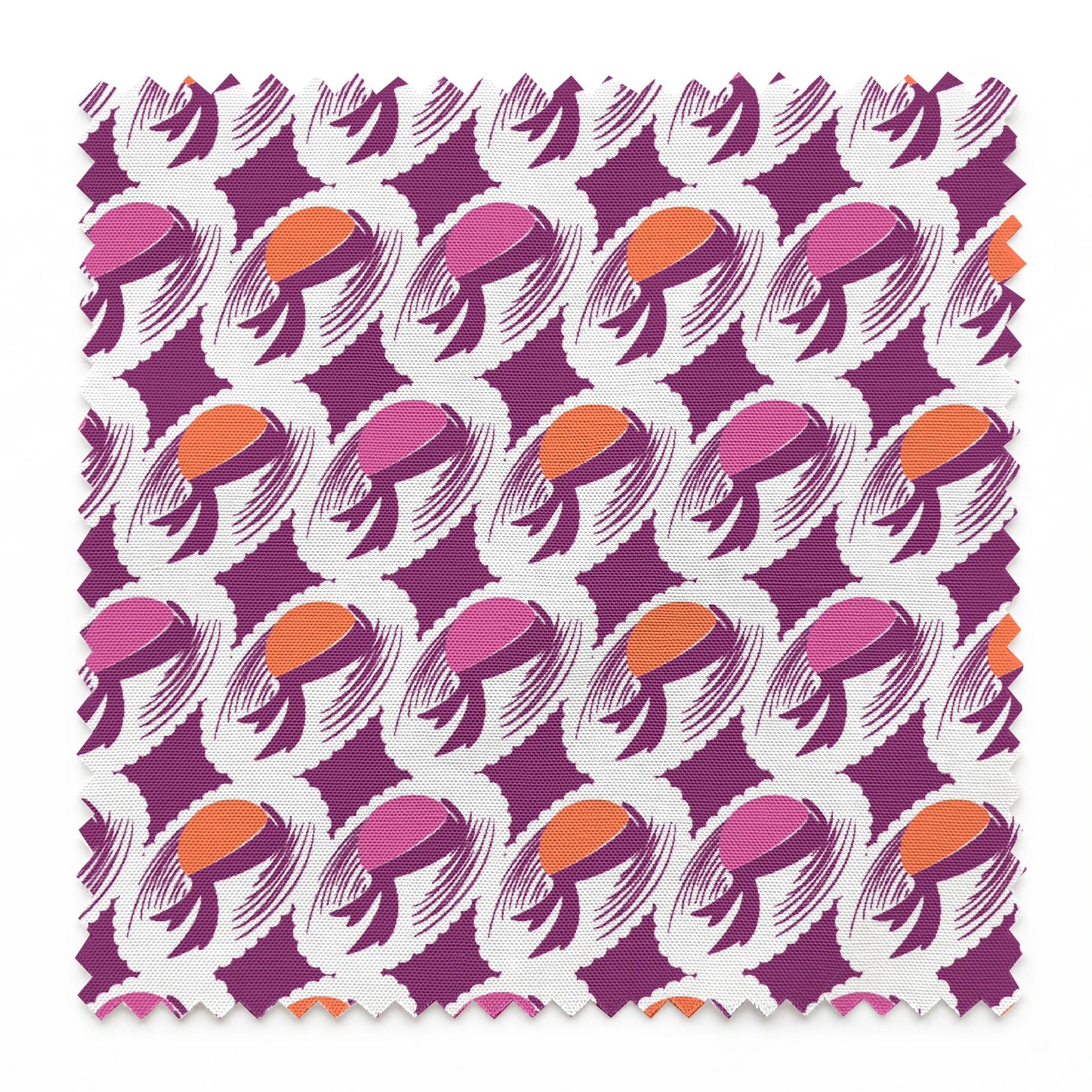 Abstract pattern with purple and orange oval shapes with flowing brush strokes on white background springs swatch pinked