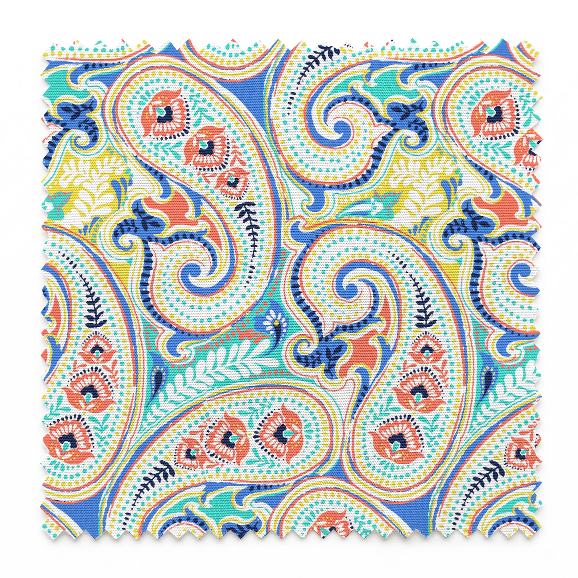 Vibrant blue, yellow and red paisley pattern with swirling decorative motifs and curved shapes springs swatch pinked